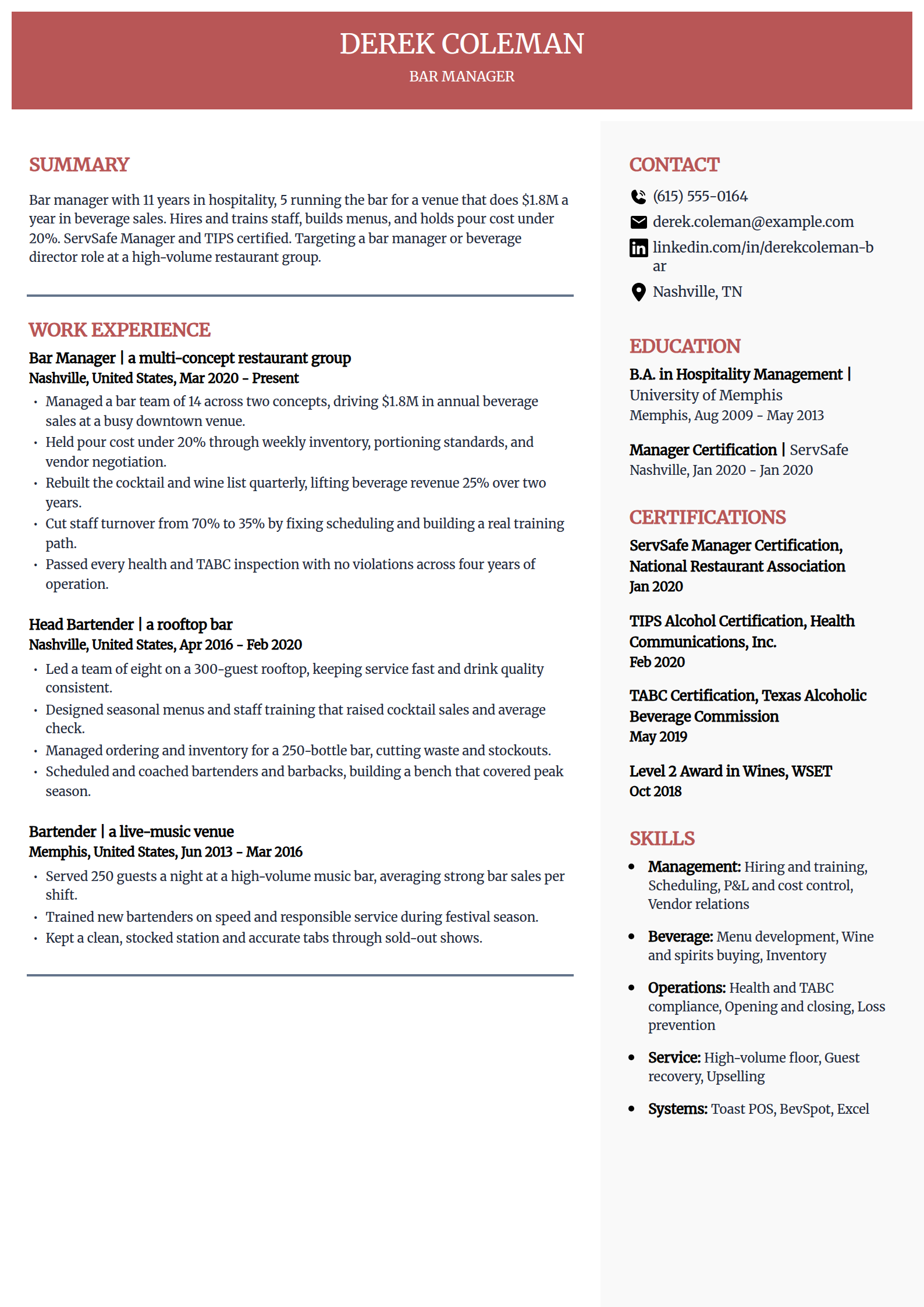 Bar manager resume example in the Executive template
