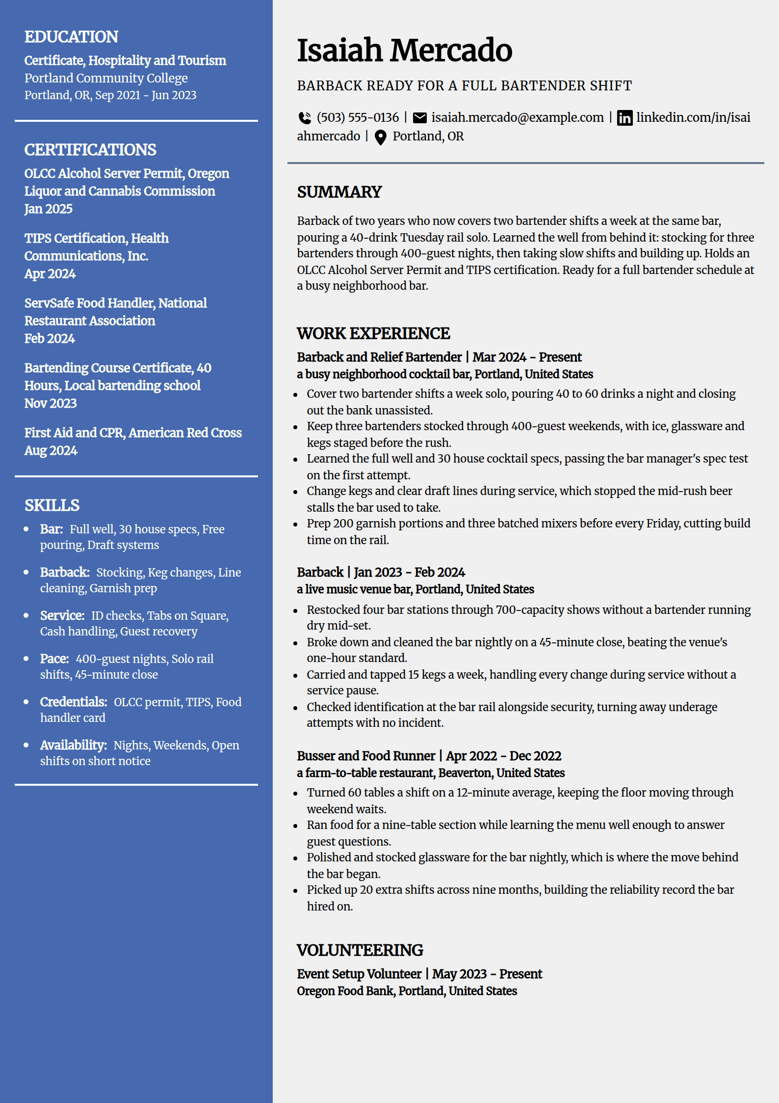 Barback moving up to bartender resume example in the Innovative template