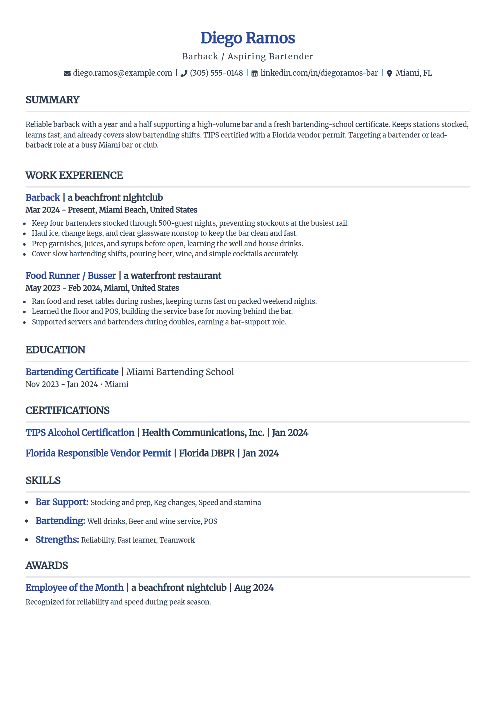Barback resume example in the Simple template