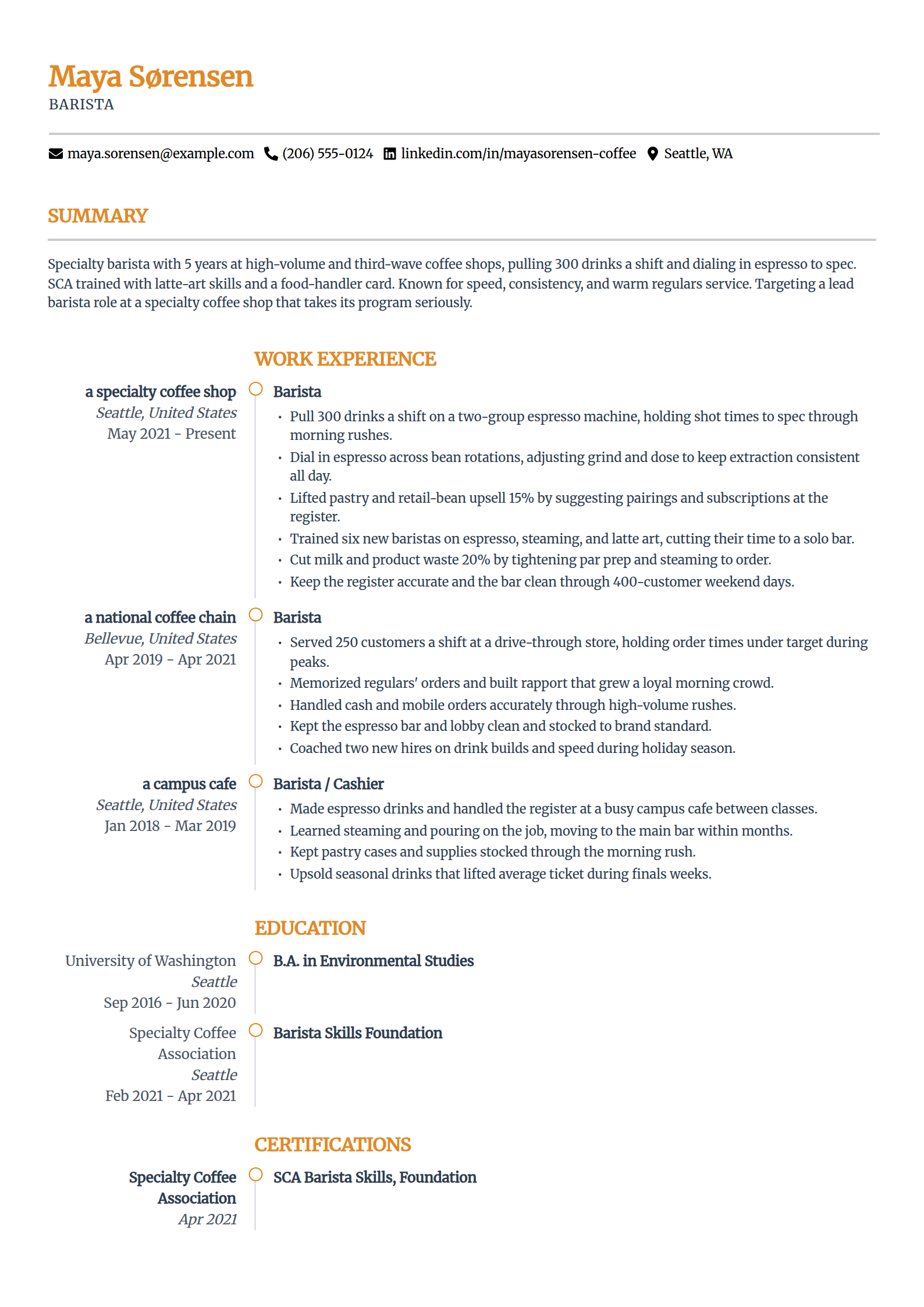 Barista resume example in the Zenith template