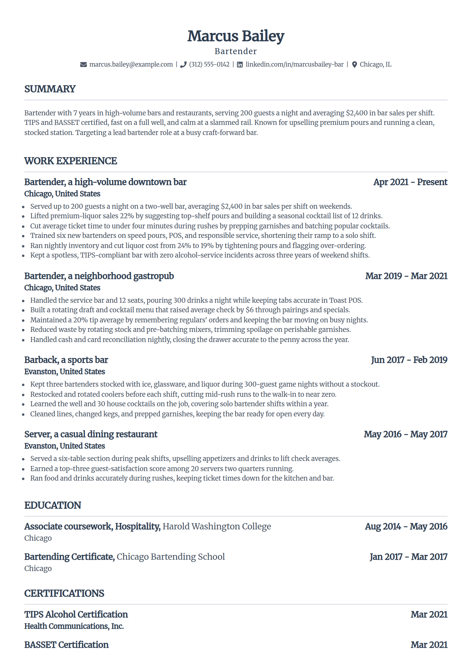Bartender resume example in the Standard template