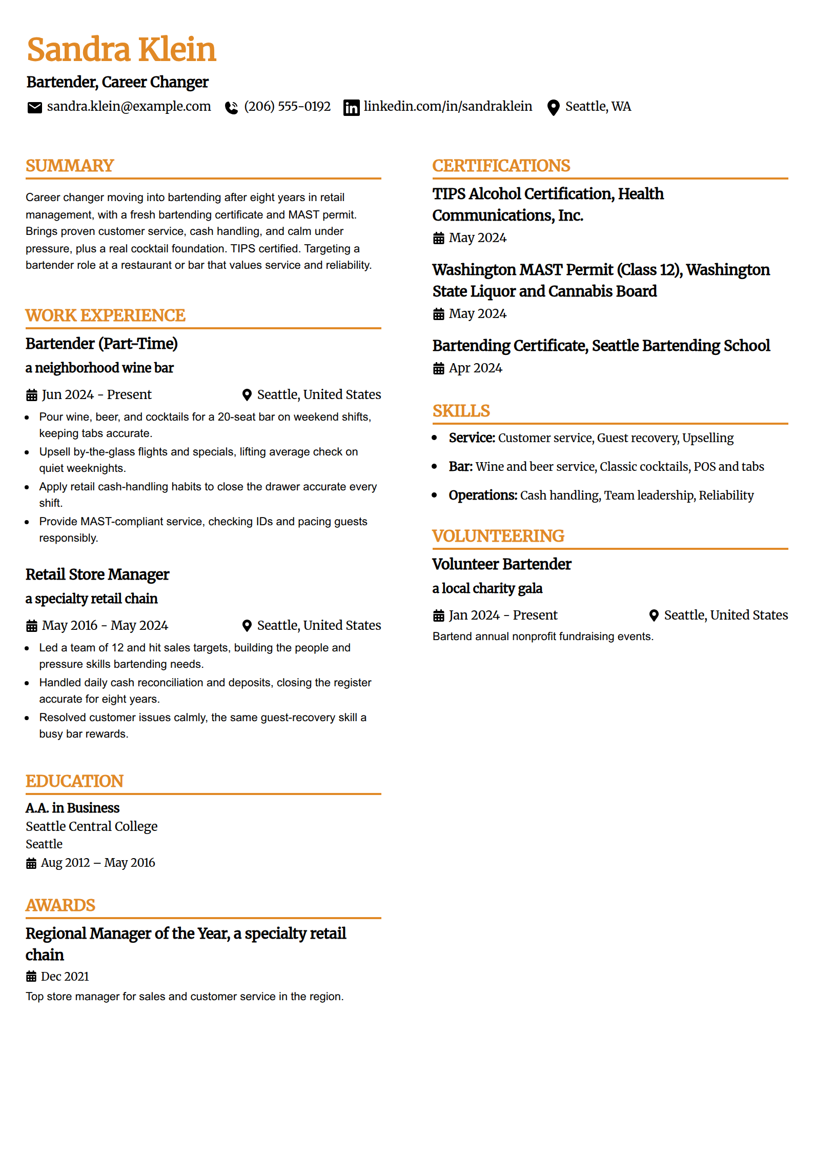 Career-change bartender resume example in the Professional Edge template