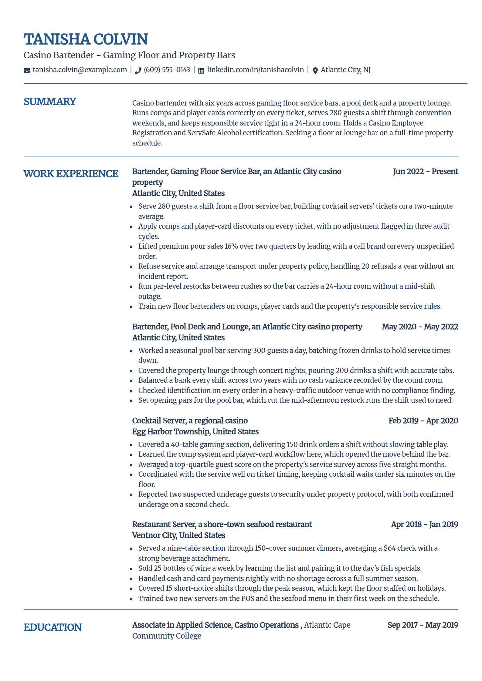 Casino bartender resume example in the Craft template