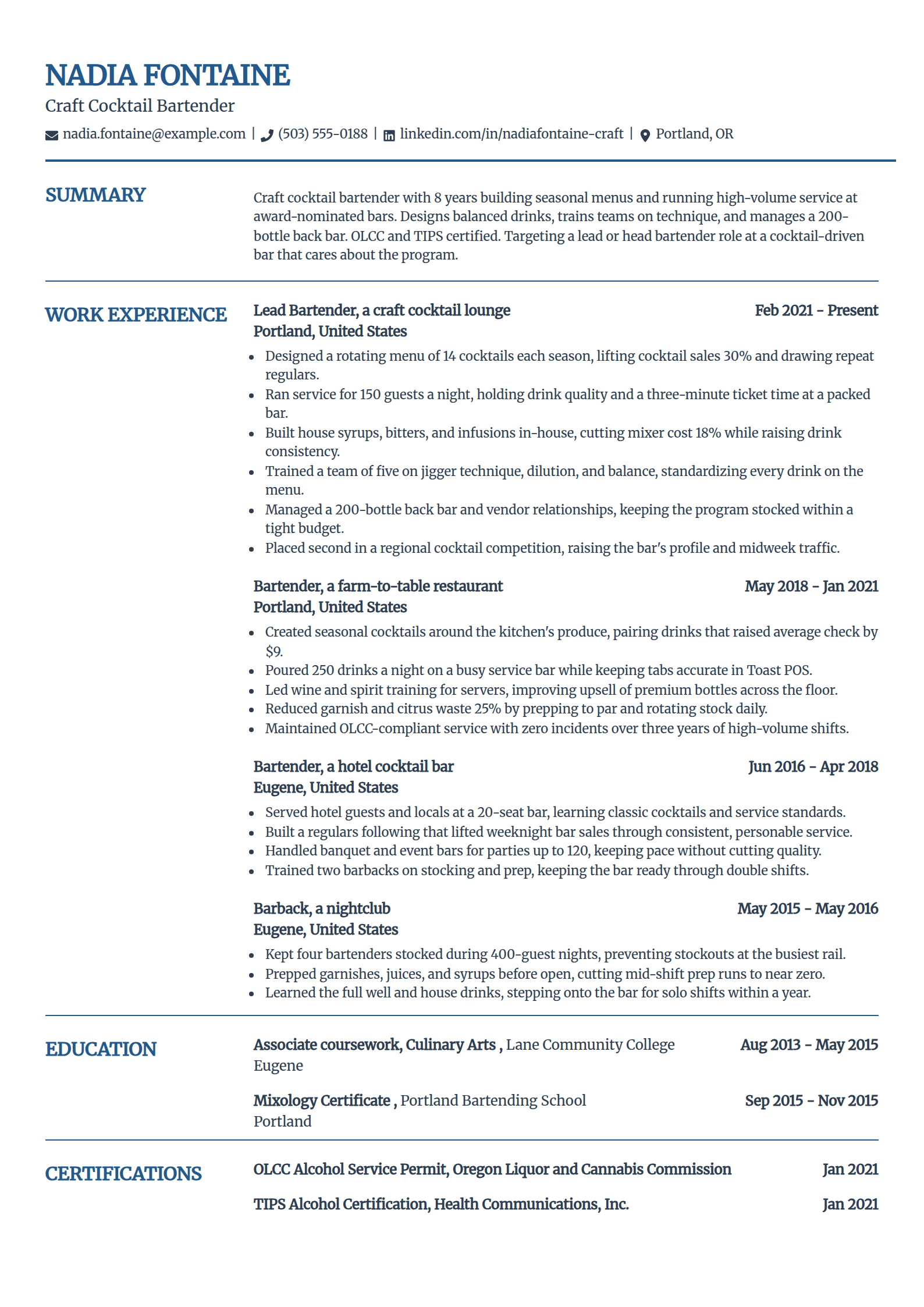 Craft cocktail bartender resume example in the Craft template