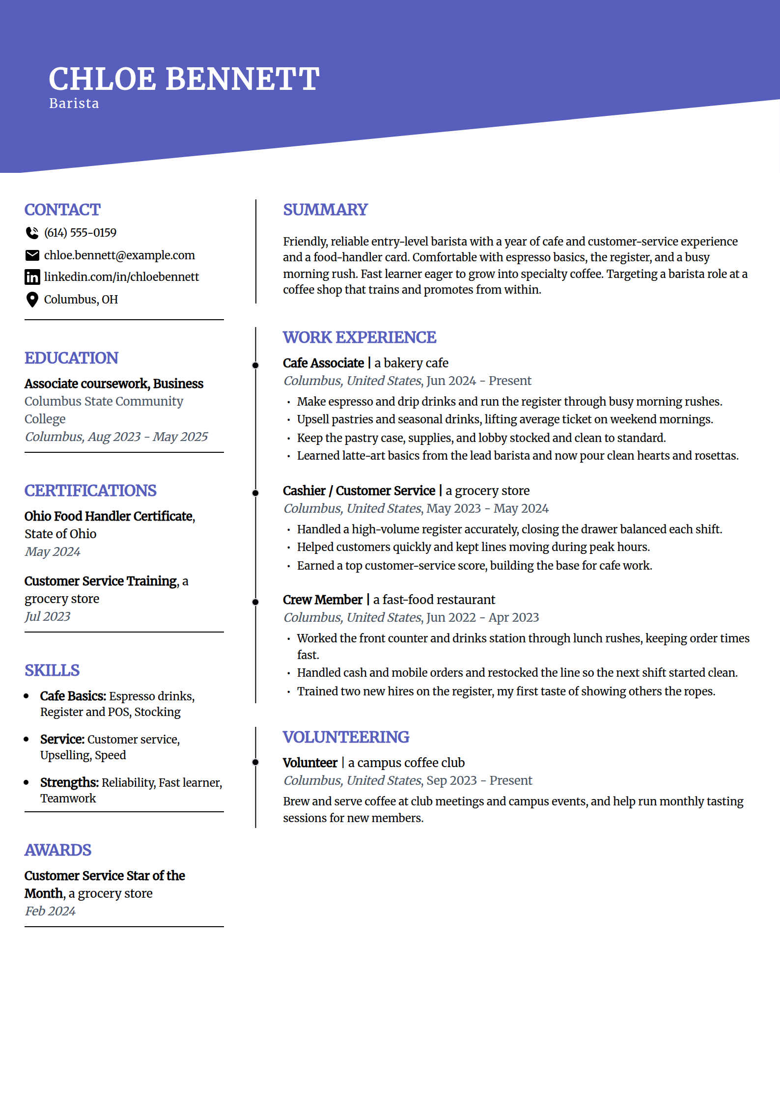 Entry-level barista resume example in the Orbit template