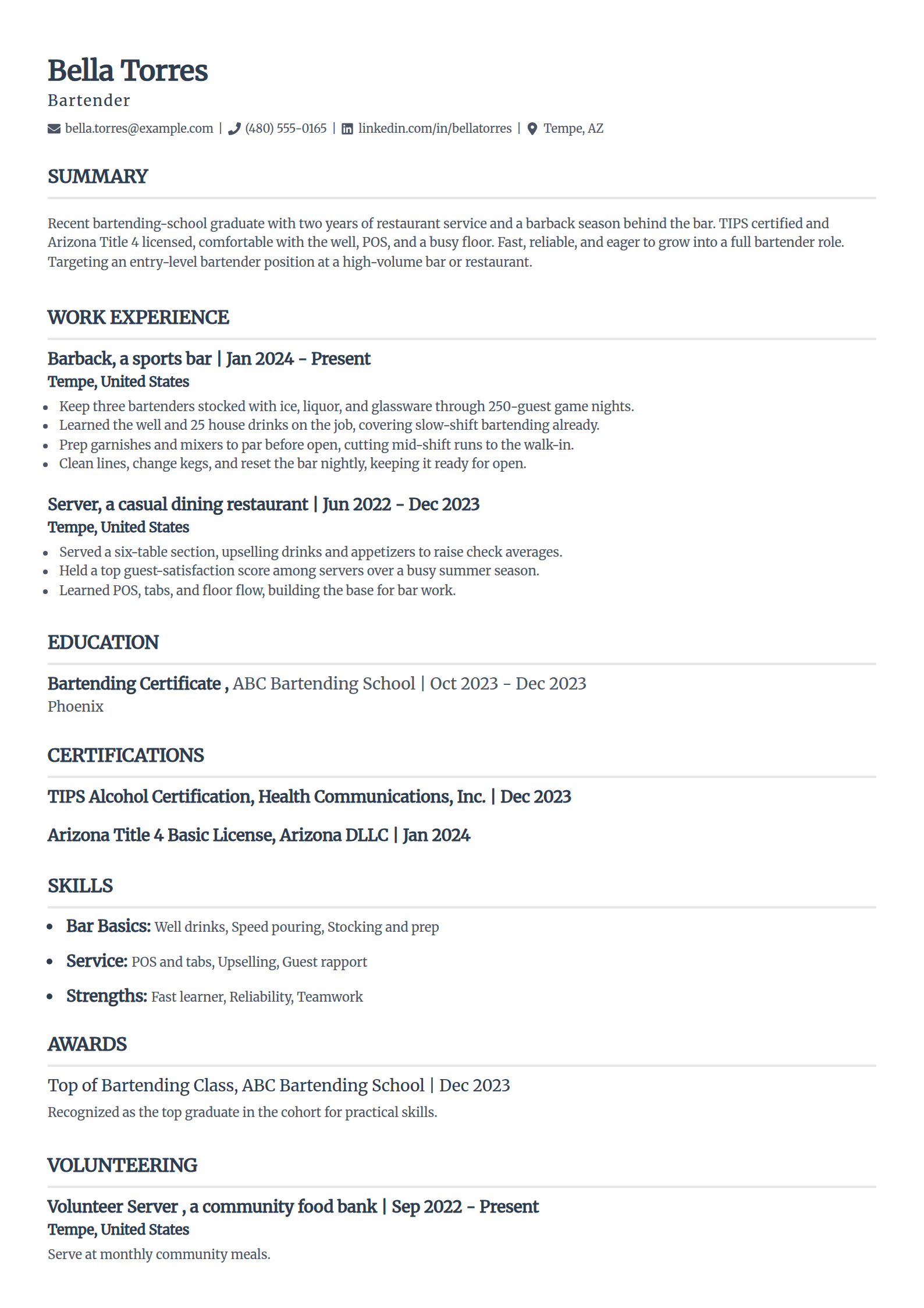 Entry-level bartender resume example in the Classic template