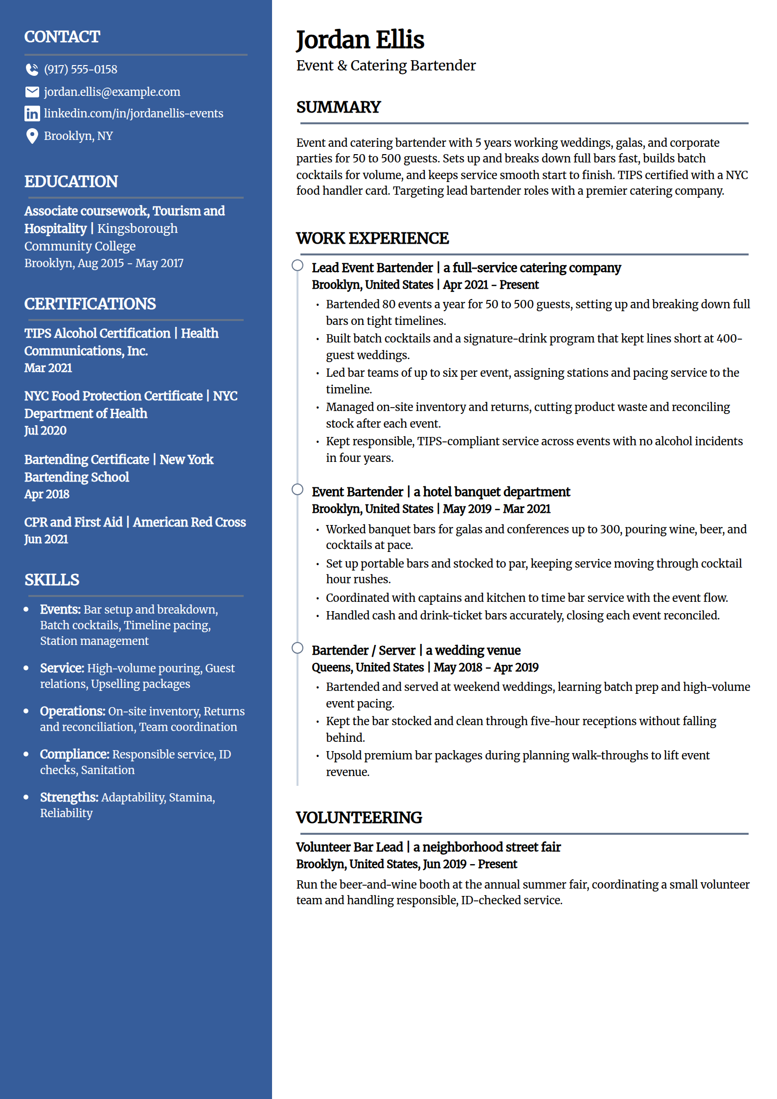 Event and catering bartender resume example in the Creative template