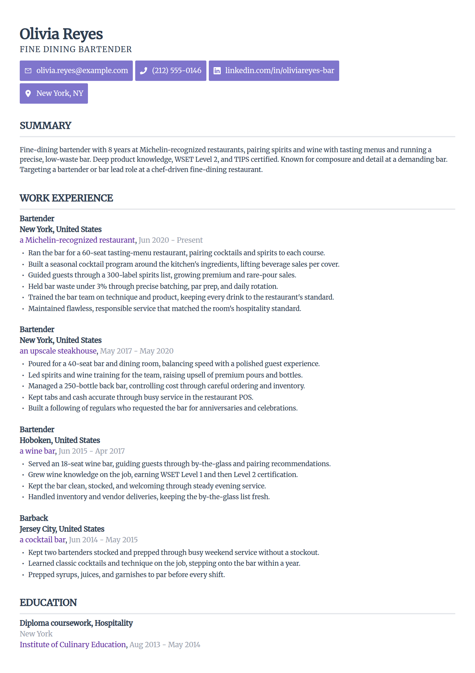Fine dining bartender resume example in the Sleek Framework template