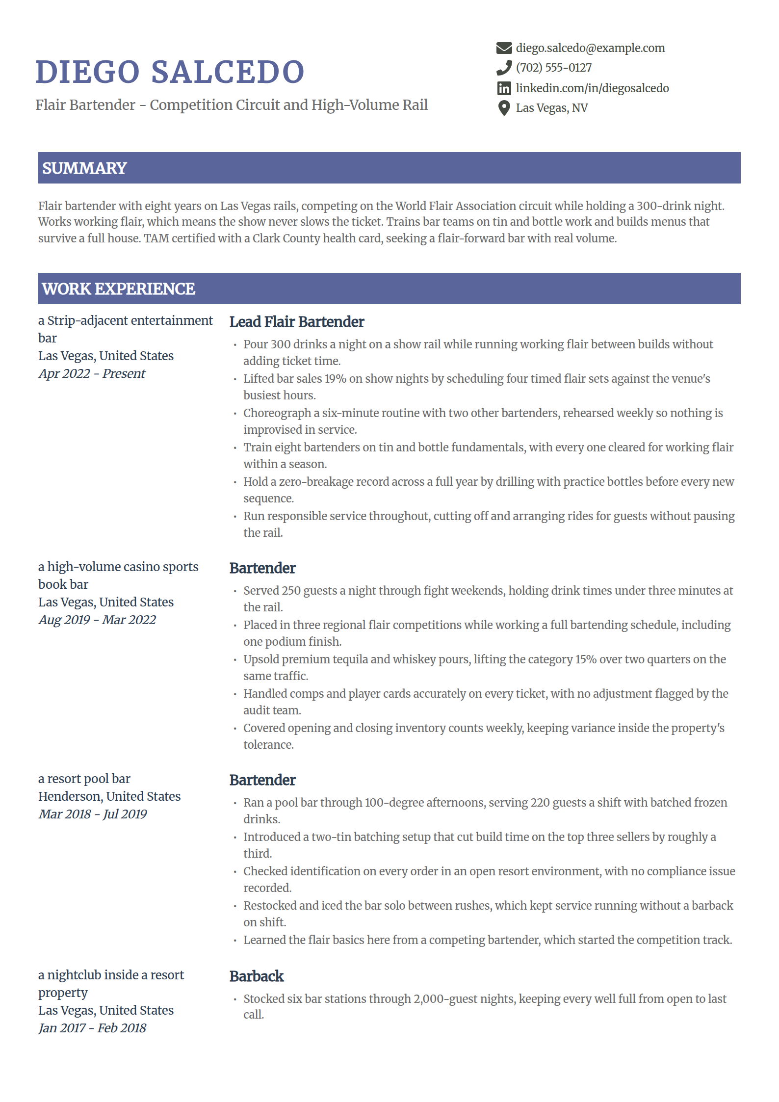 Flair and competition bartender resume example in the Catalyst template