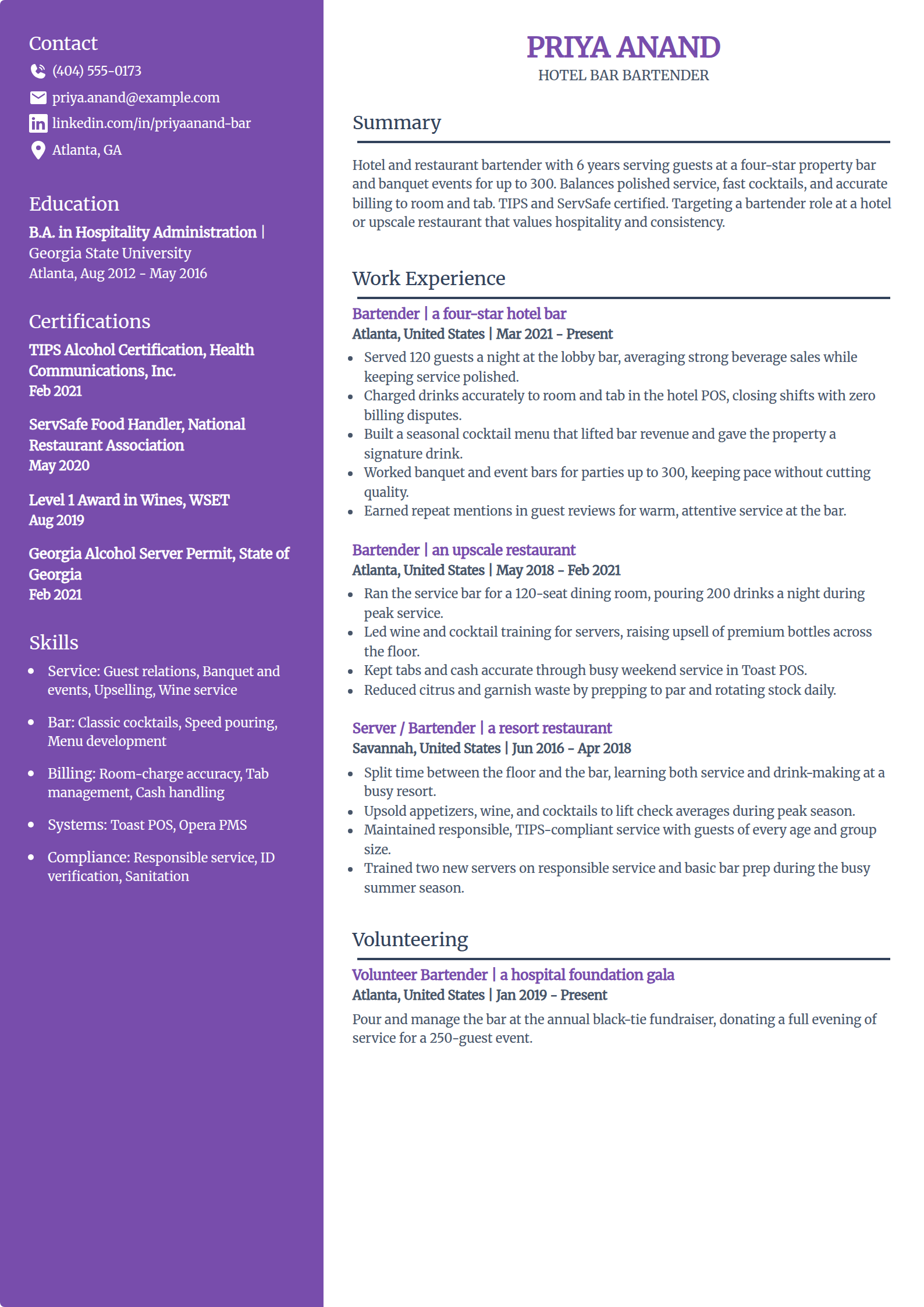 Hotel bar bartender resume example in the Pioneer template