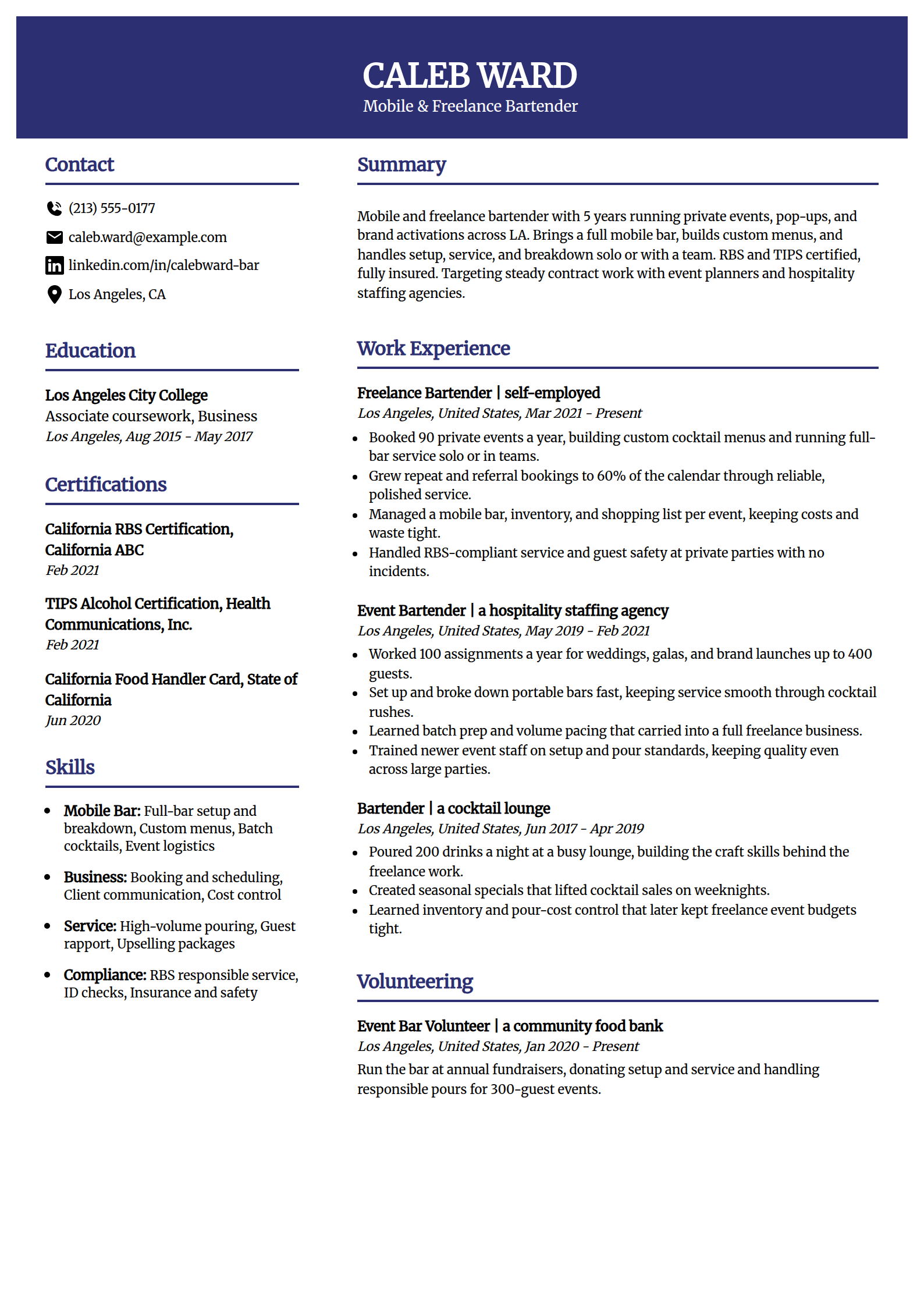 Mobile freelance bartender resume example in the Visionary template