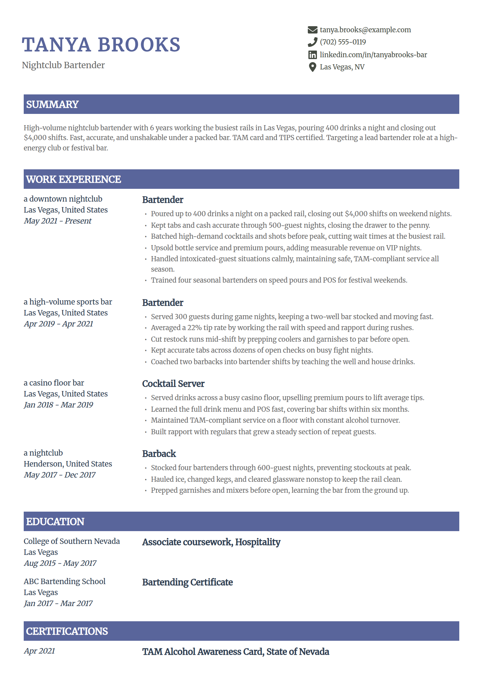 Nightclub bartender resume example in the Catalyst template