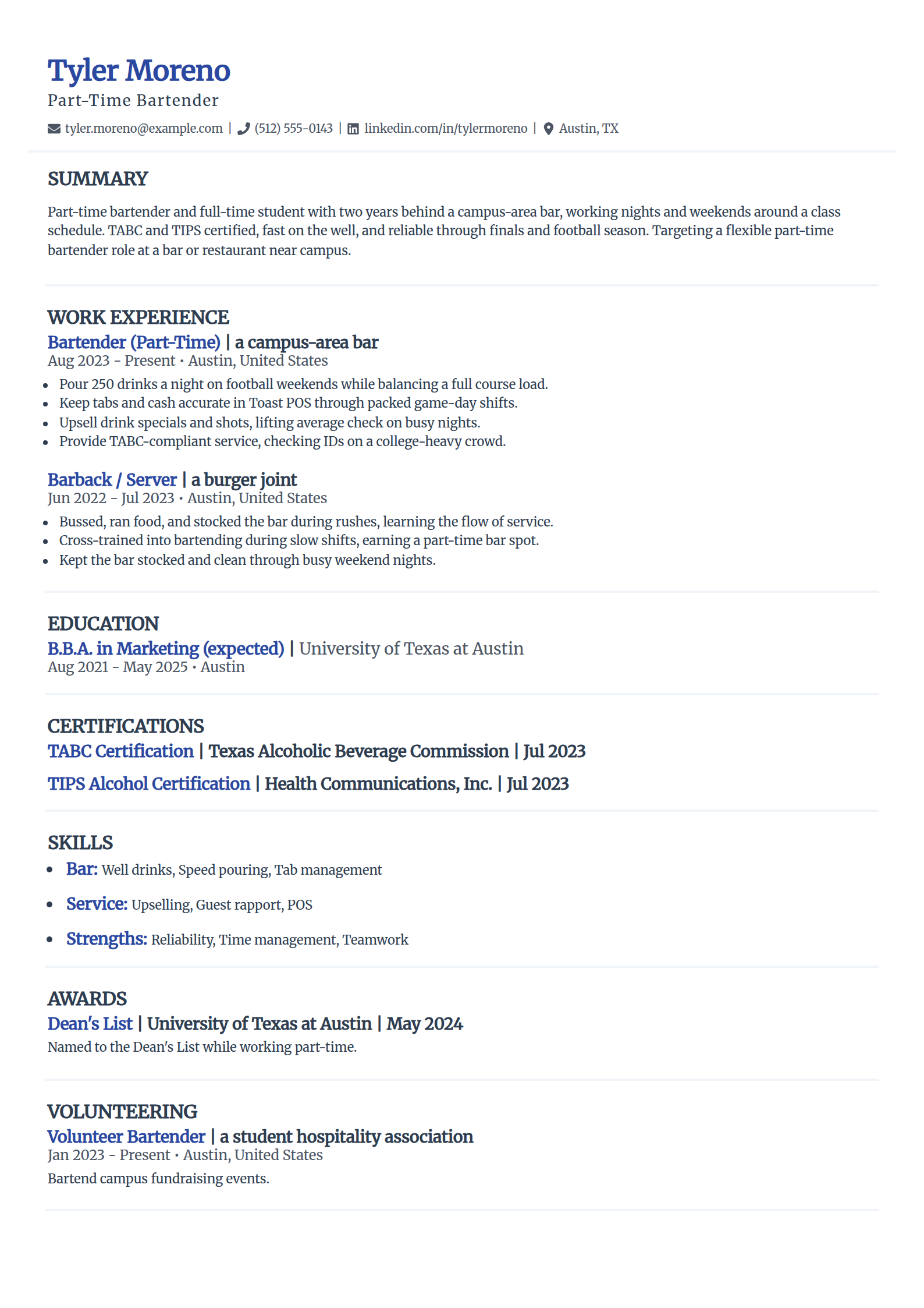 Part-time student bartender resume example in the Elegant template