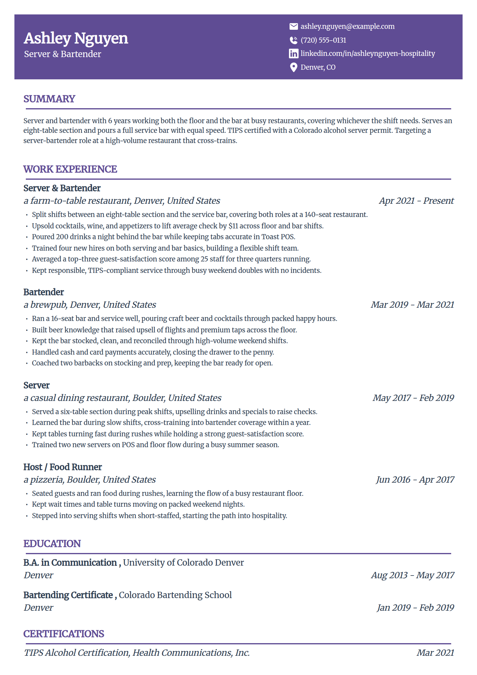 Server and bartender combo resume example in the Panorama template