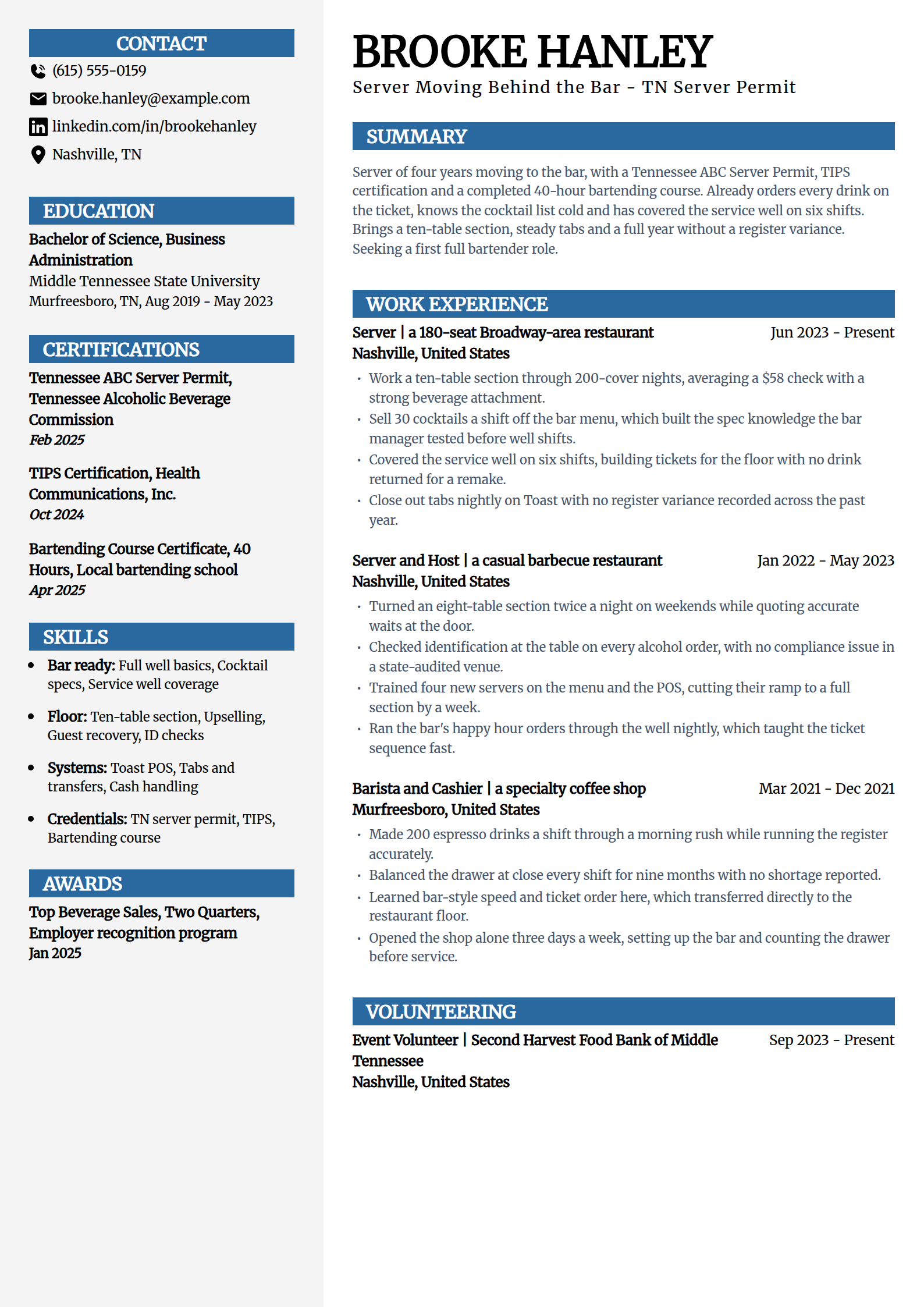 Server moving to bartender resume example in the Mosaic template