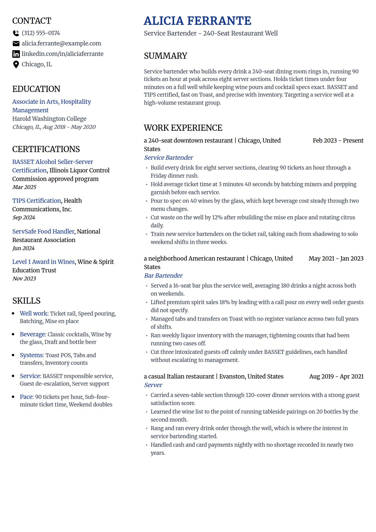 Service bartender resume example in the Voyage template