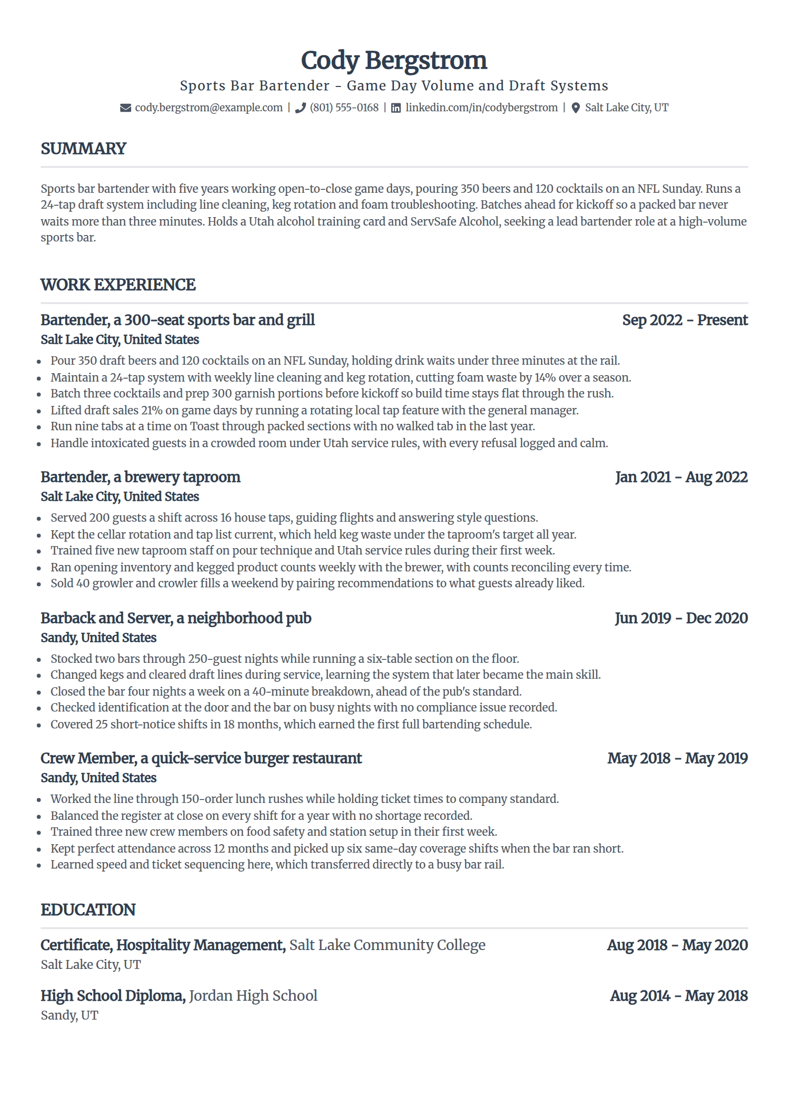 Sports bar bartender resume example in the Standard template