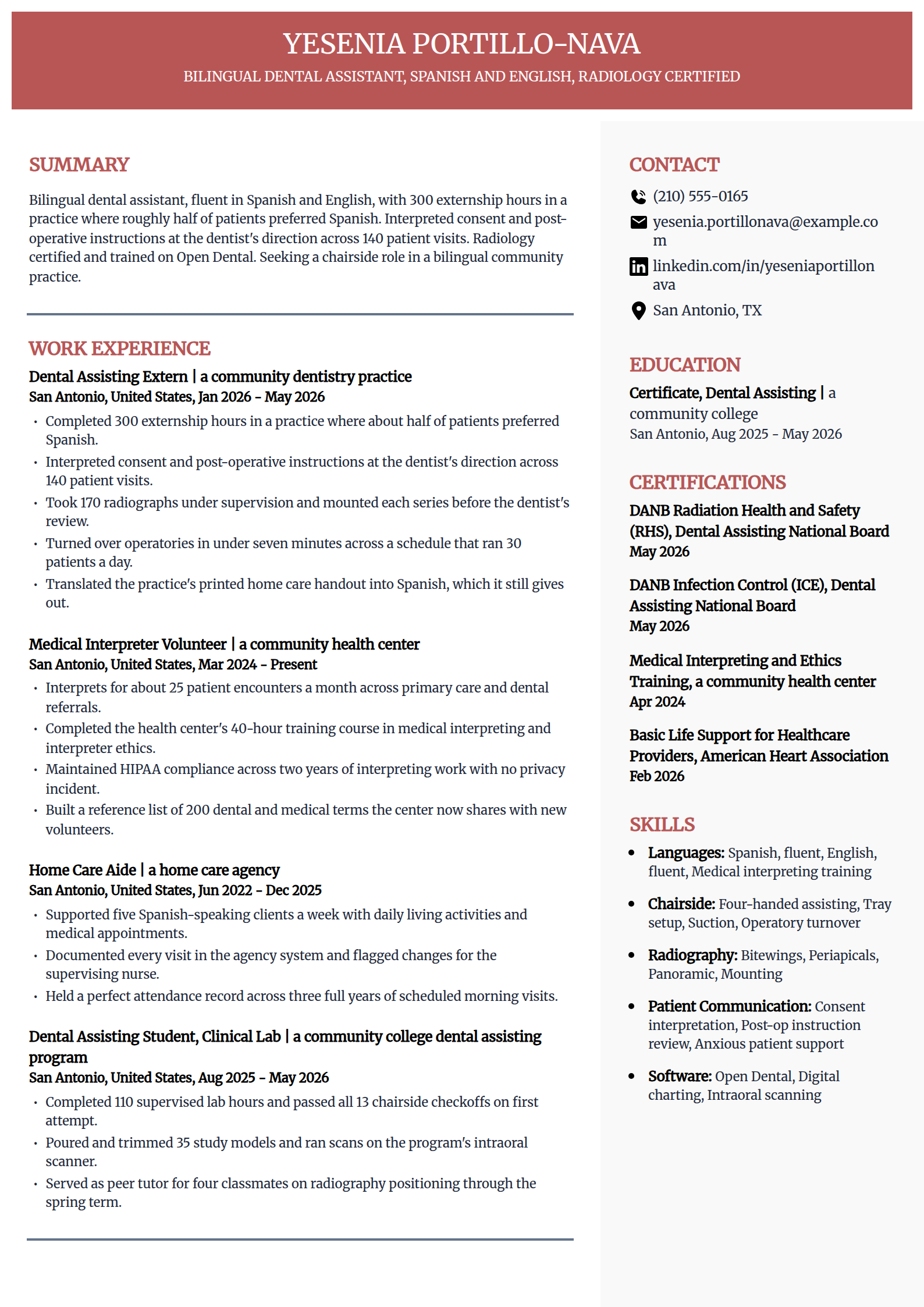 Bilingual entry-level dental assistant resume example in the Executive template
