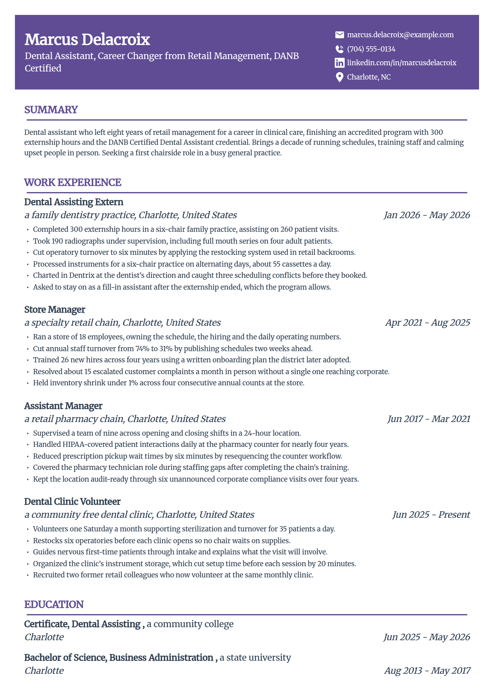 Career changer dental assistant resume example in the Panorama template