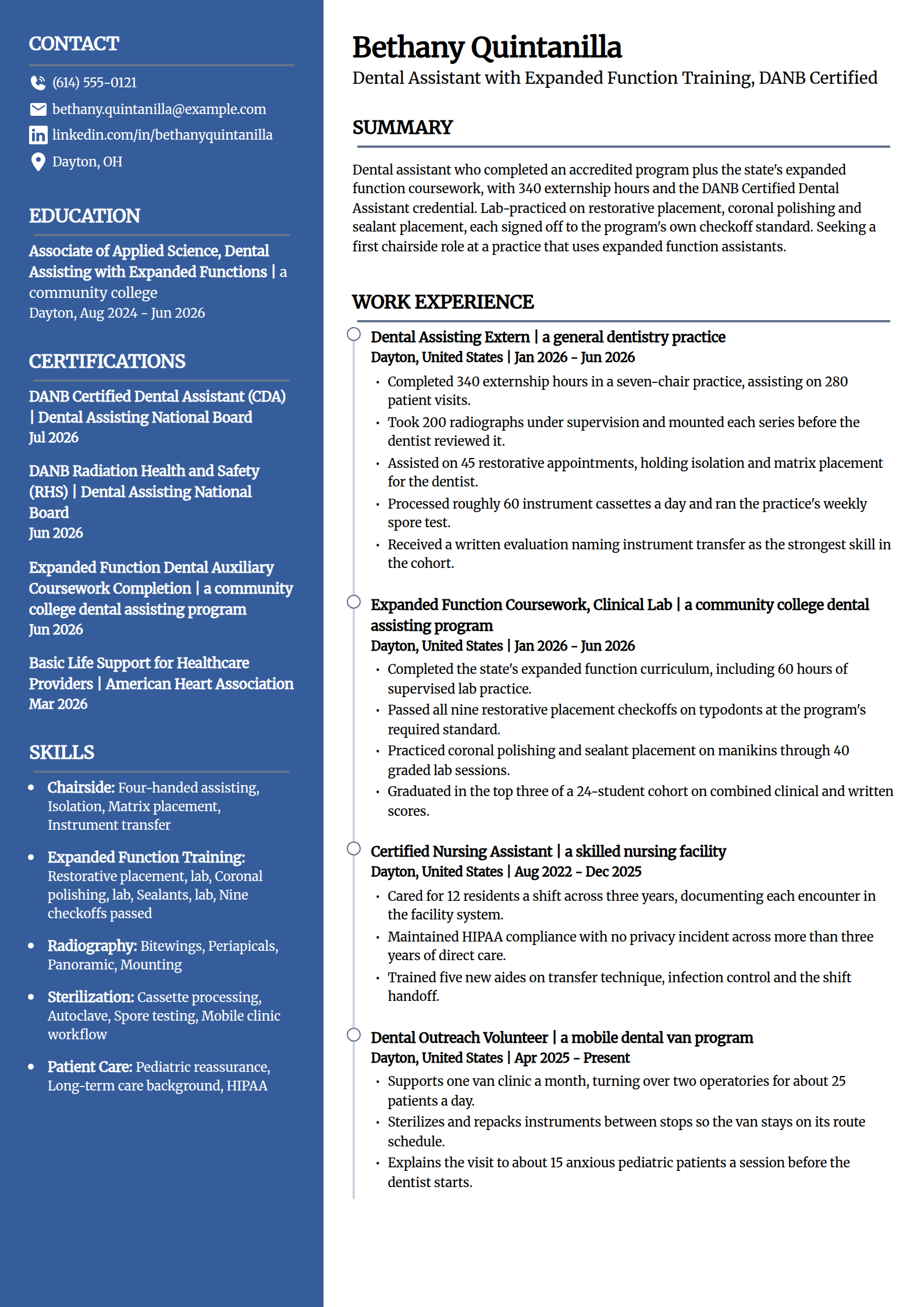 Expanded function trained beginner dental assistant resume example in the Creative template