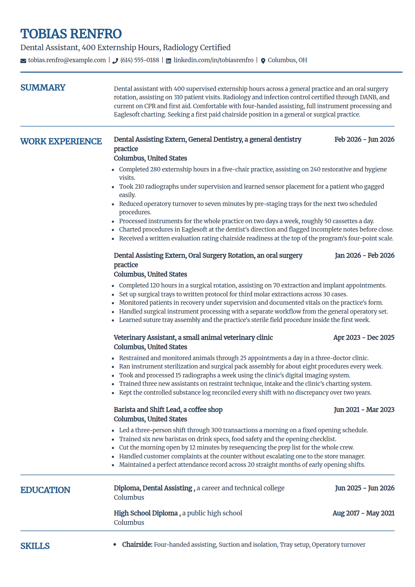 Dental assistant resume example built on externship hours only, in the Craft template