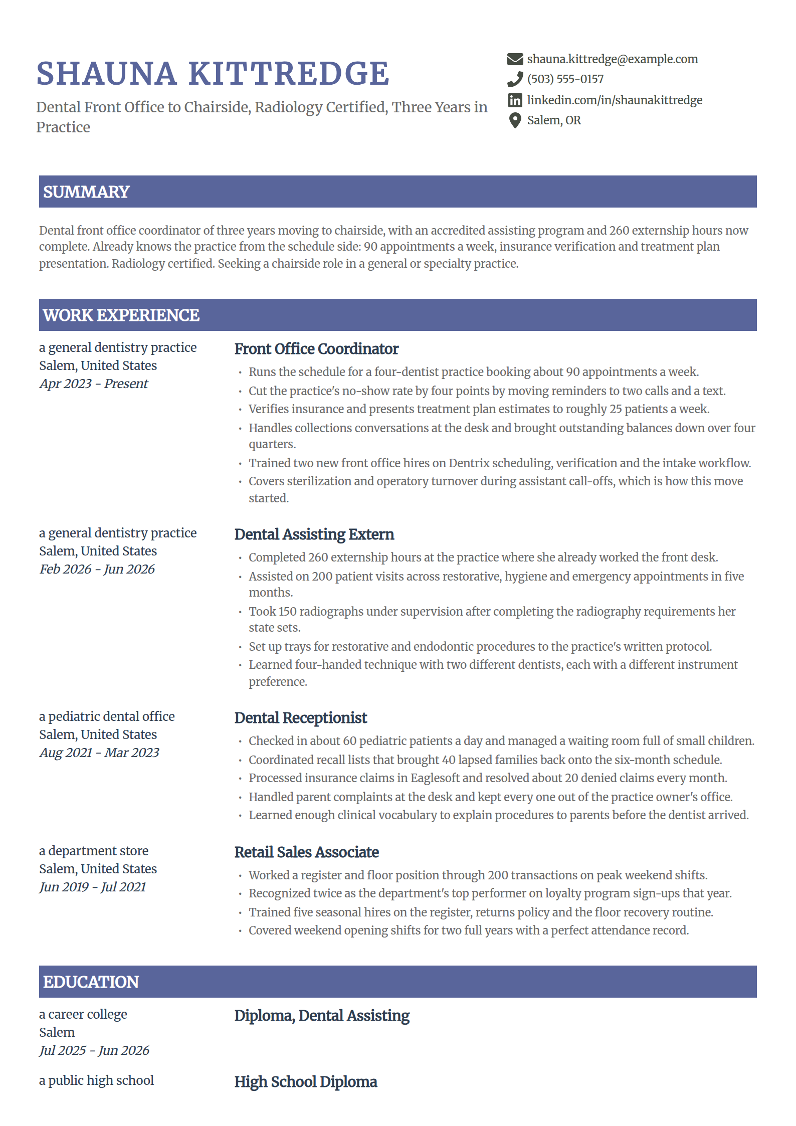 Dental front office coordinator moving chairside, resume example in the Catalyst template