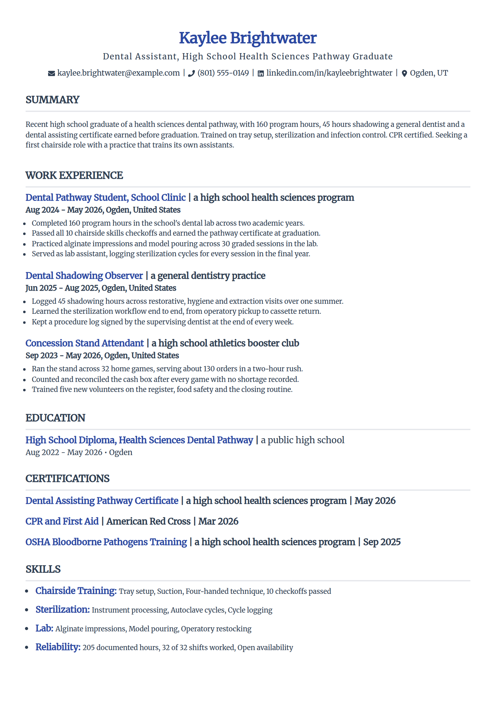 High school dental pathway graduate resume example in the Simple template