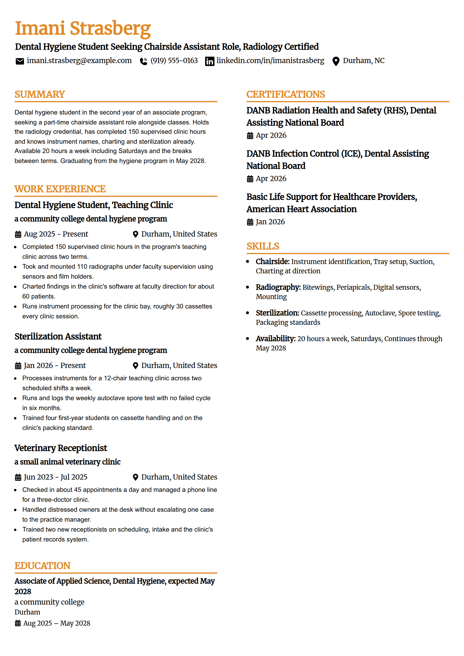 Dental hygiene student applying for a chairside assistant role, resume example in the Professional Edge template