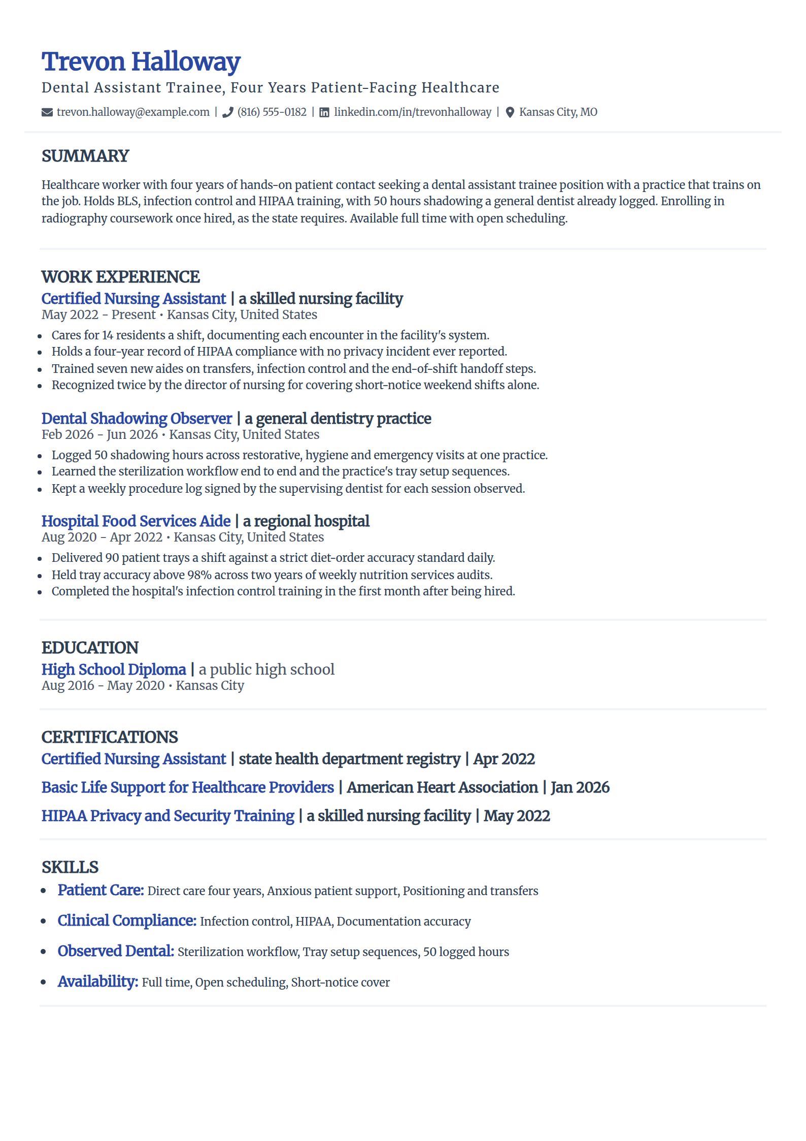 Dental assistant trainee resume example with no formal program, in the Elegant template