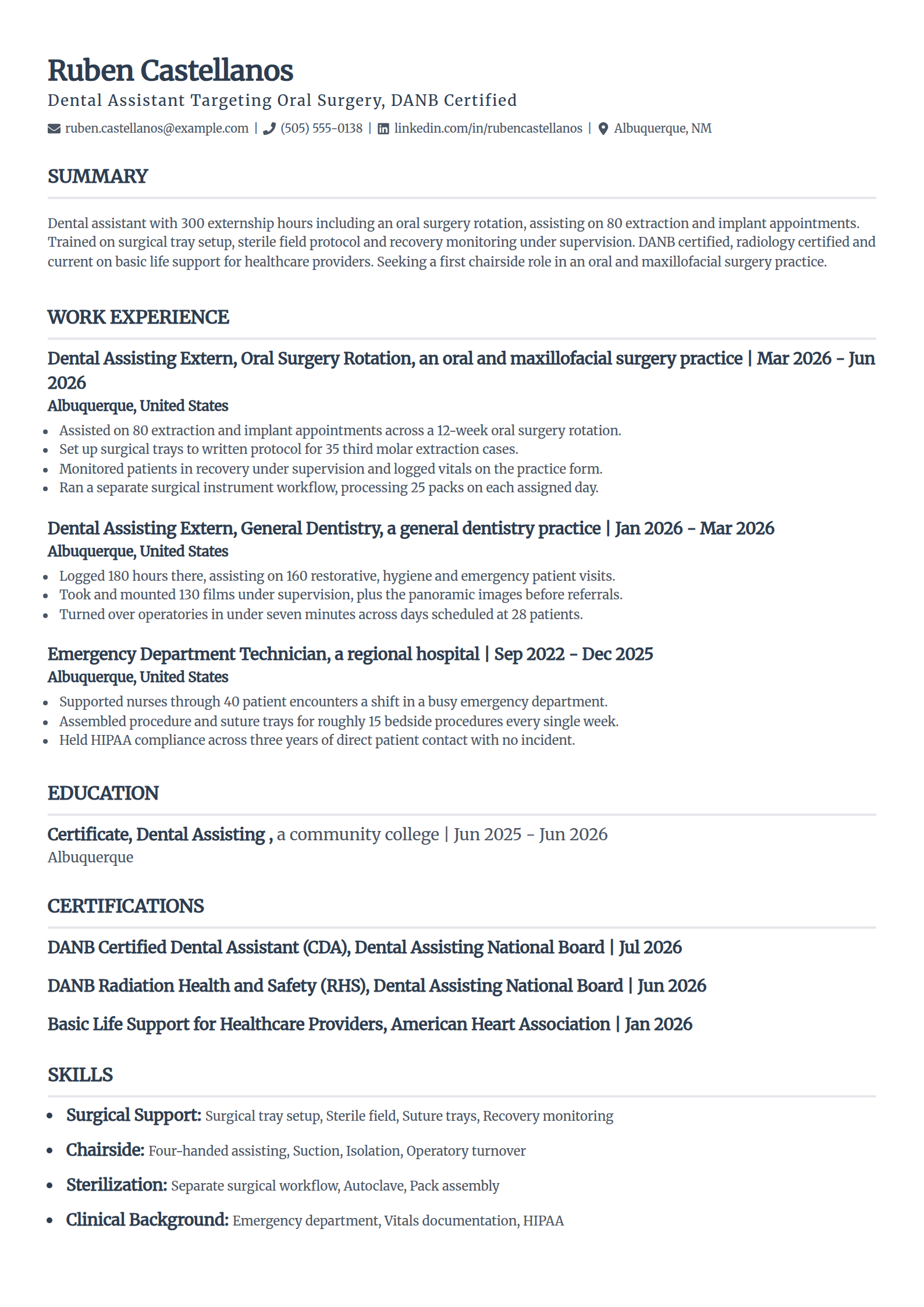 Beginner dental assistant resume example targeting an oral surgery office, in the Classic template