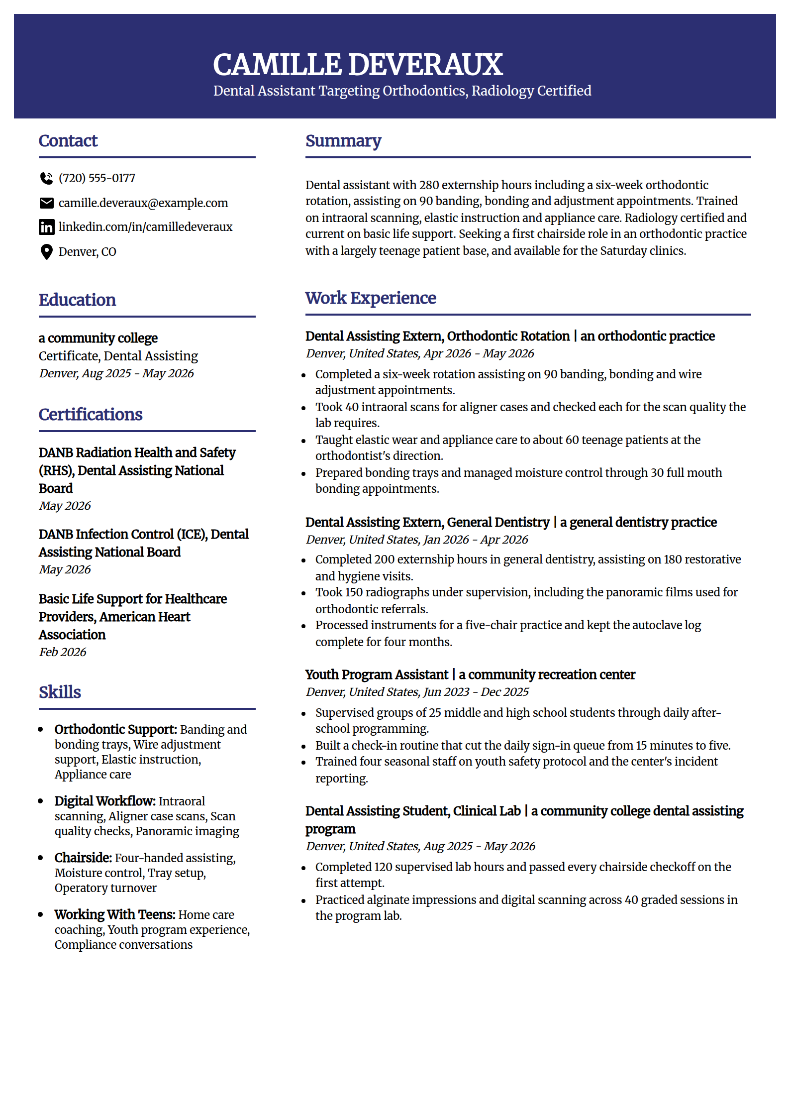 Beginner dental assistant resume example targeting an orthodontic office, in the Visionary template