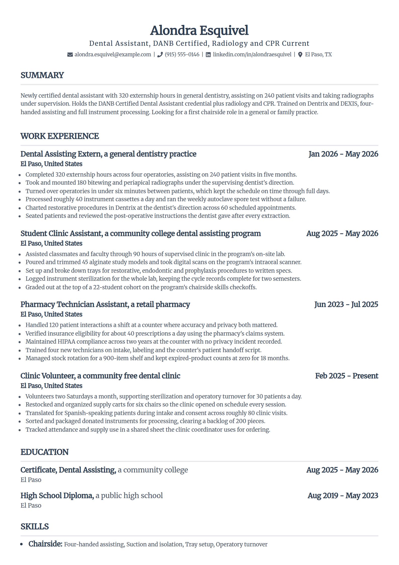 Newly certified dental assistant resume example with no paid experience, in the Standard template