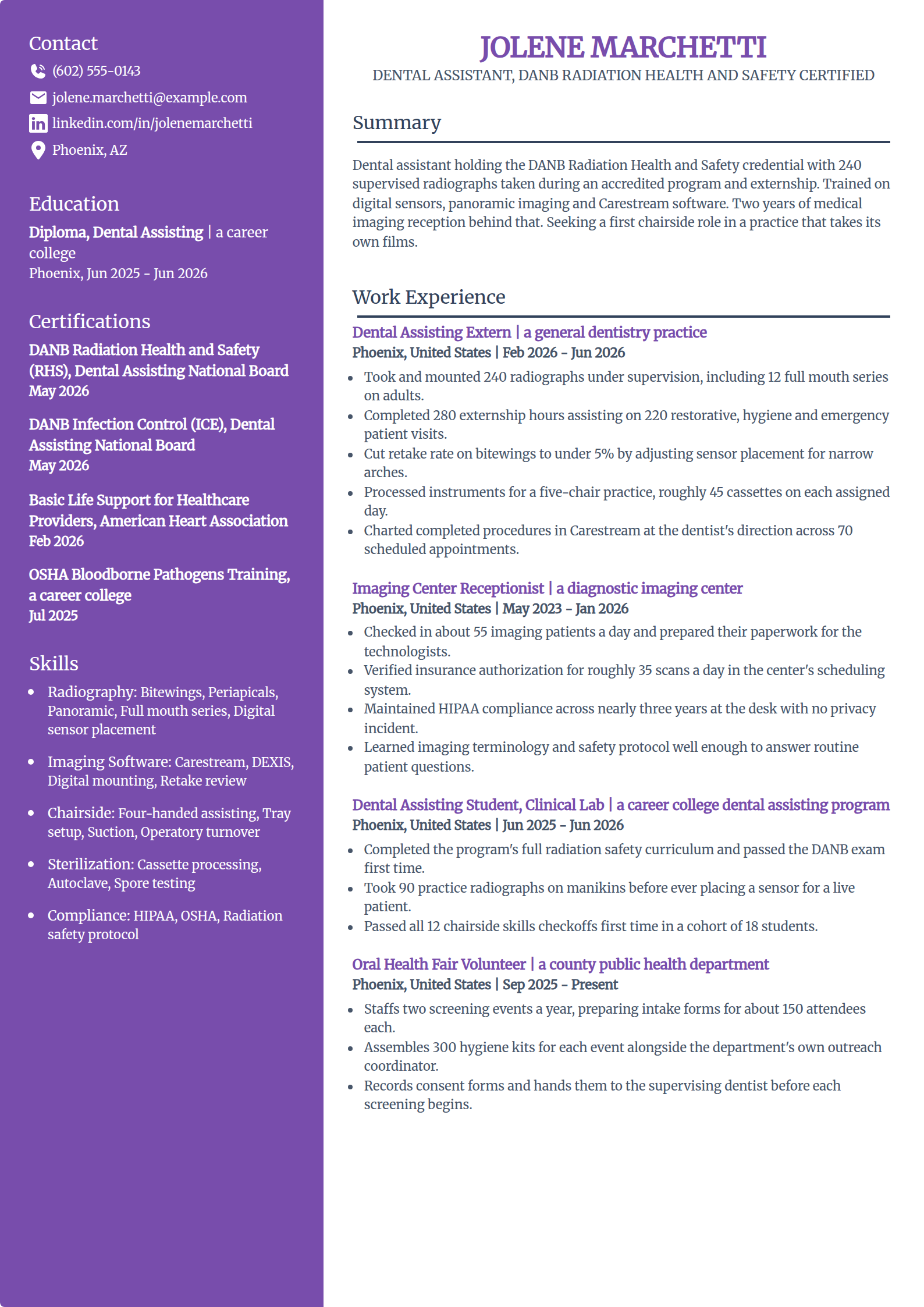 Radiology certified beginner dental assistant resume example in the Pioneer template