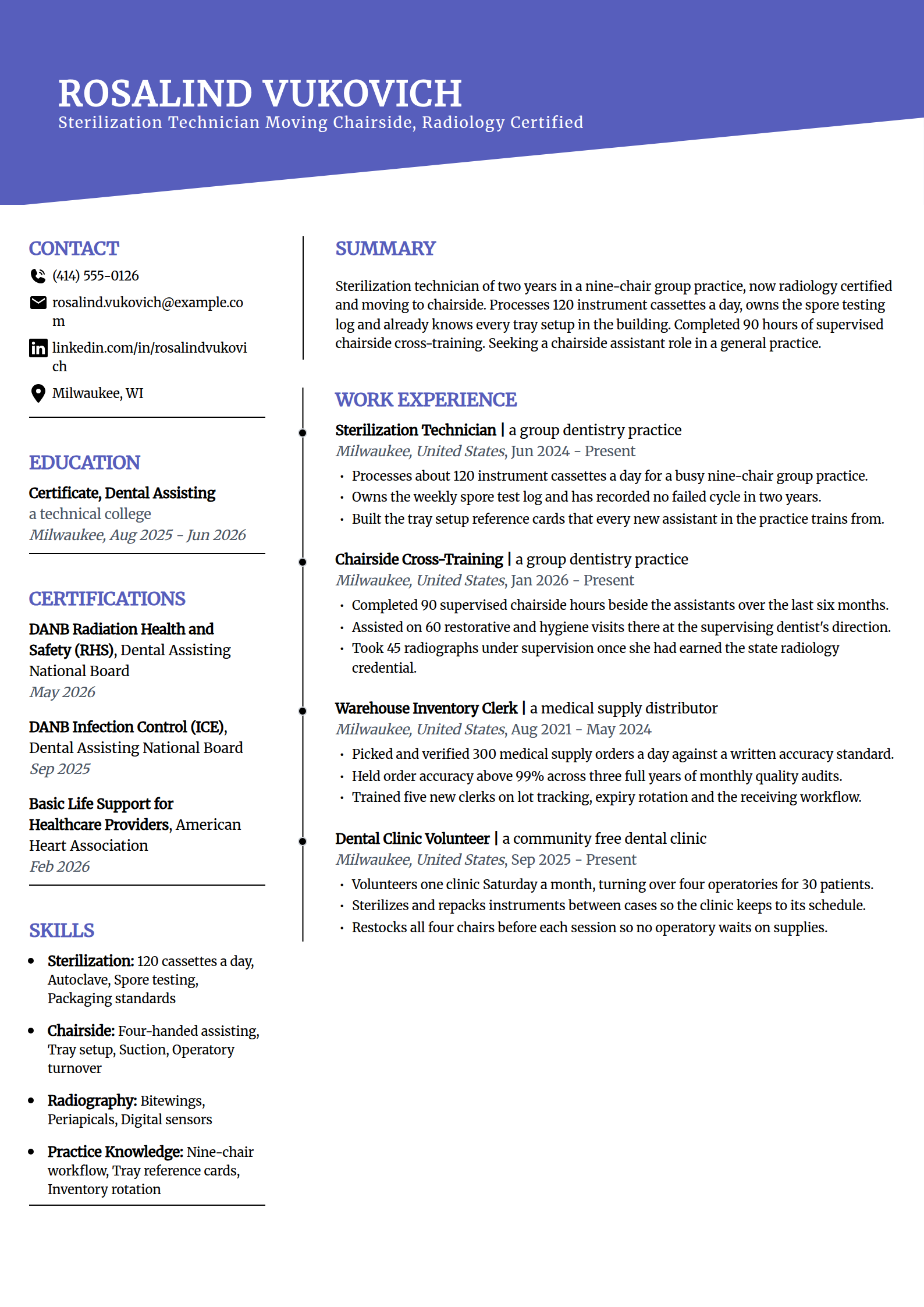 Sterilization technician moving to a chairside dental assistant role, resume example in the Orbit template