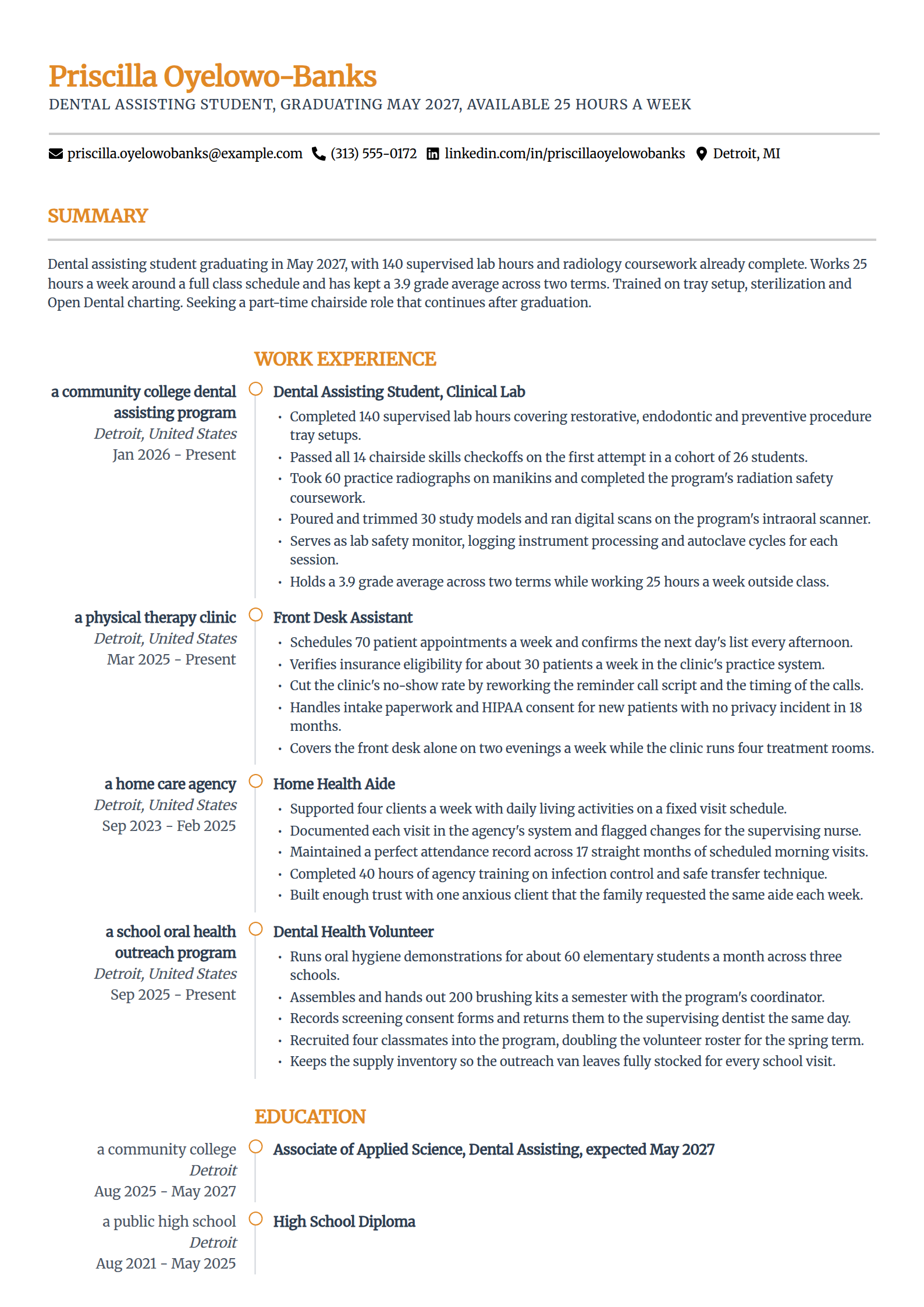 Dental assisting student resume example, still enrolled, in the Zenith template