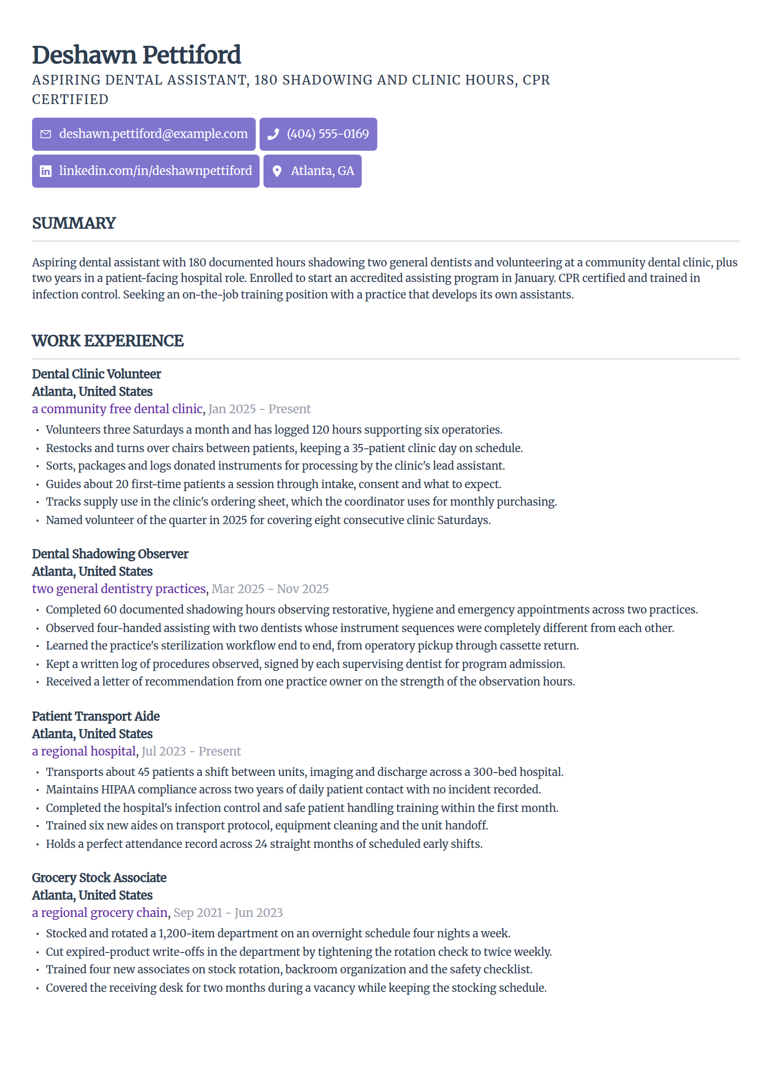 Aspiring dental assistant resume example built on shadowing and volunteer hours, in the Sleek Framework template