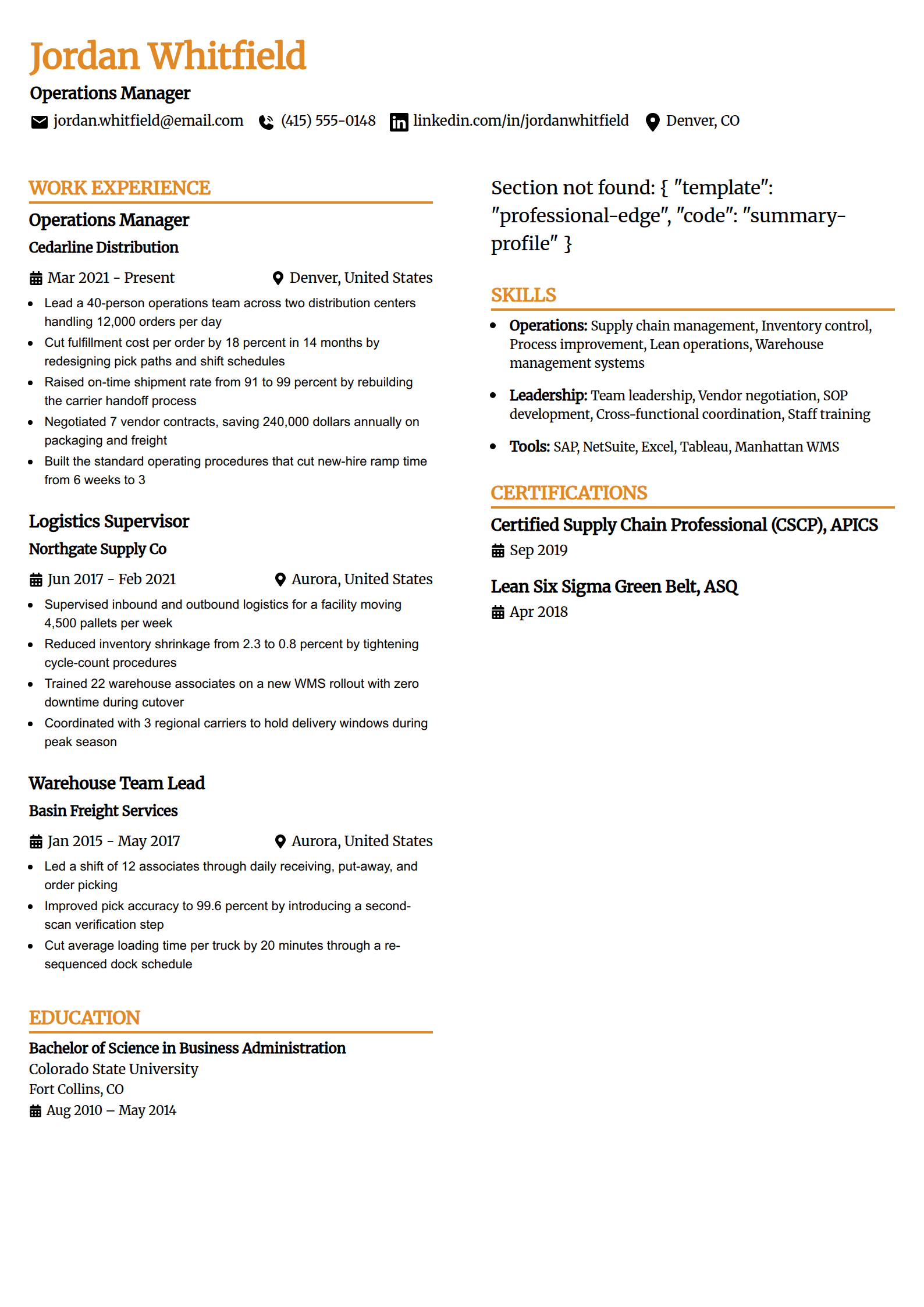 Best ATS resume template in the Professional Edge layout, single column with a bold header and clear section breaks