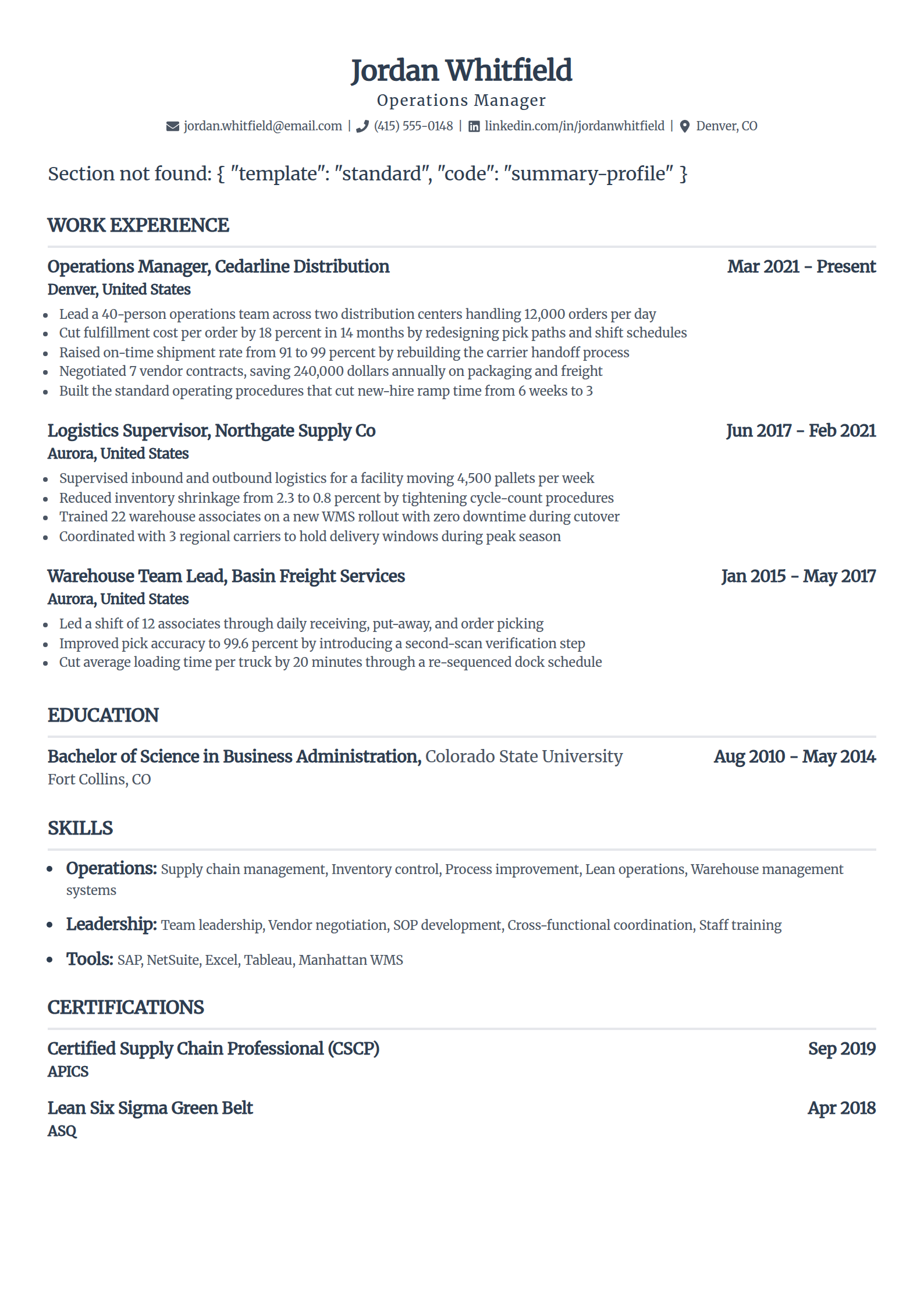 Best ATS resume template in the Standard layout, single column with a centered name and right-aligned dates