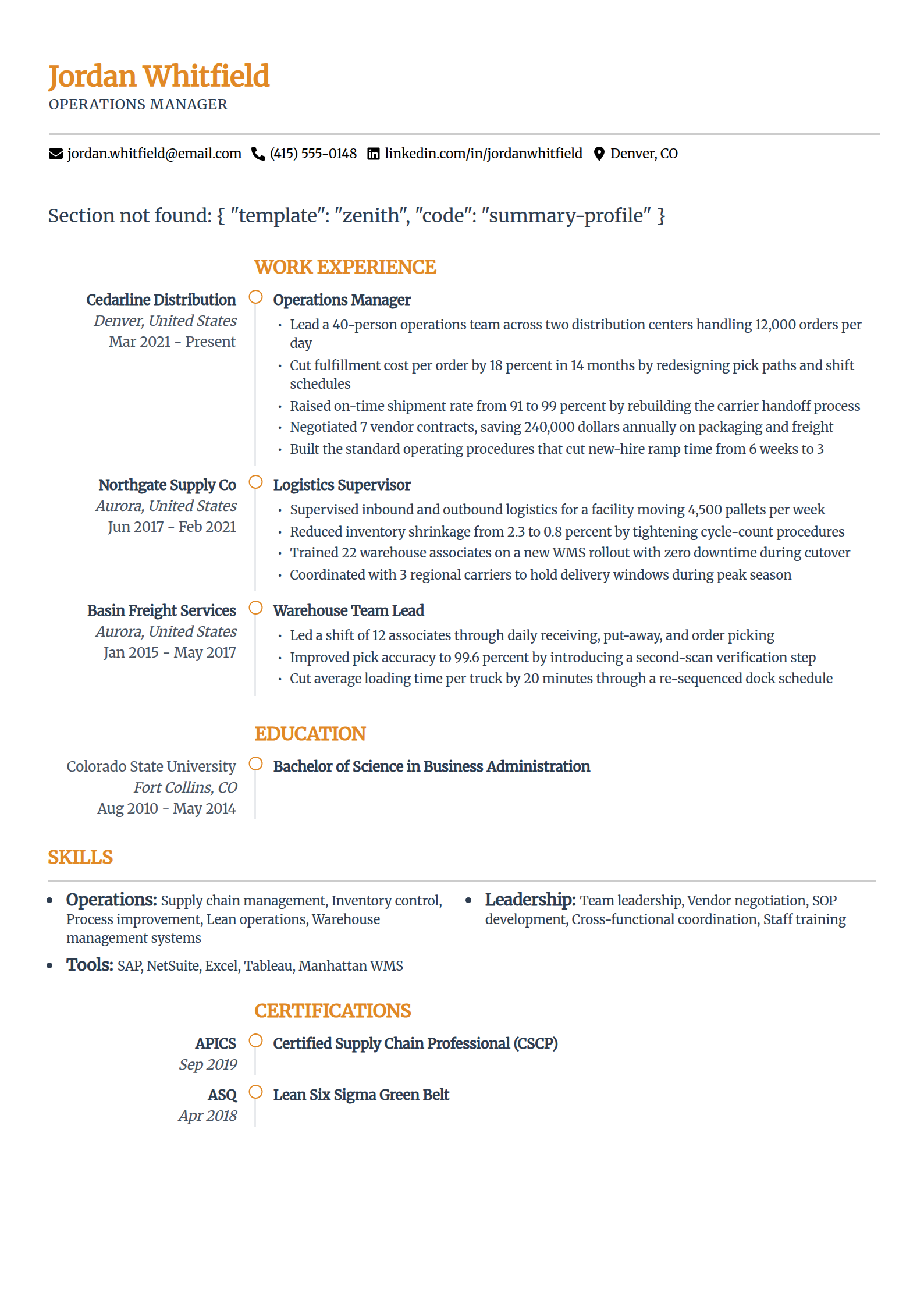 Best ATS resume template in the Zenith layout, single column with an airy hierarchy leading with the summary