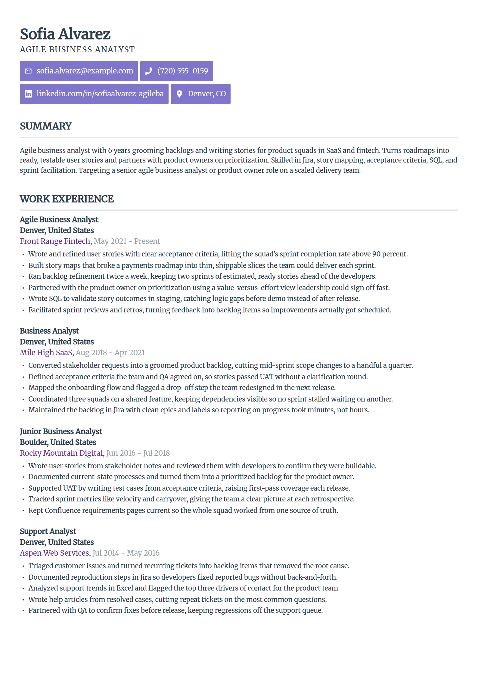 Agile and scrum business analyst resume example in the Sleek Framework template