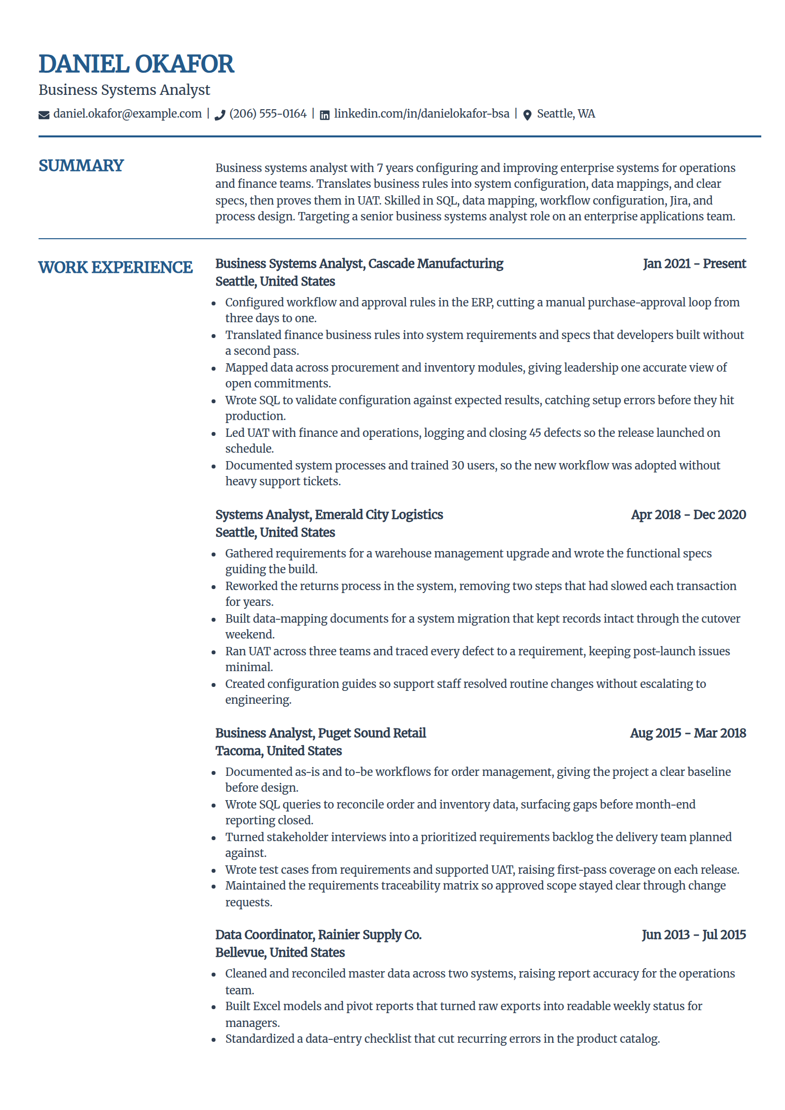 Business systems analyst resume example in the Craft template