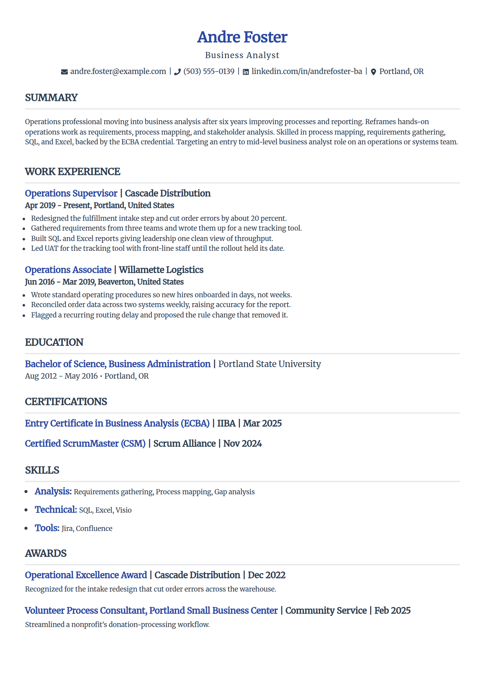 Career-change business analyst resume example in the Simple template