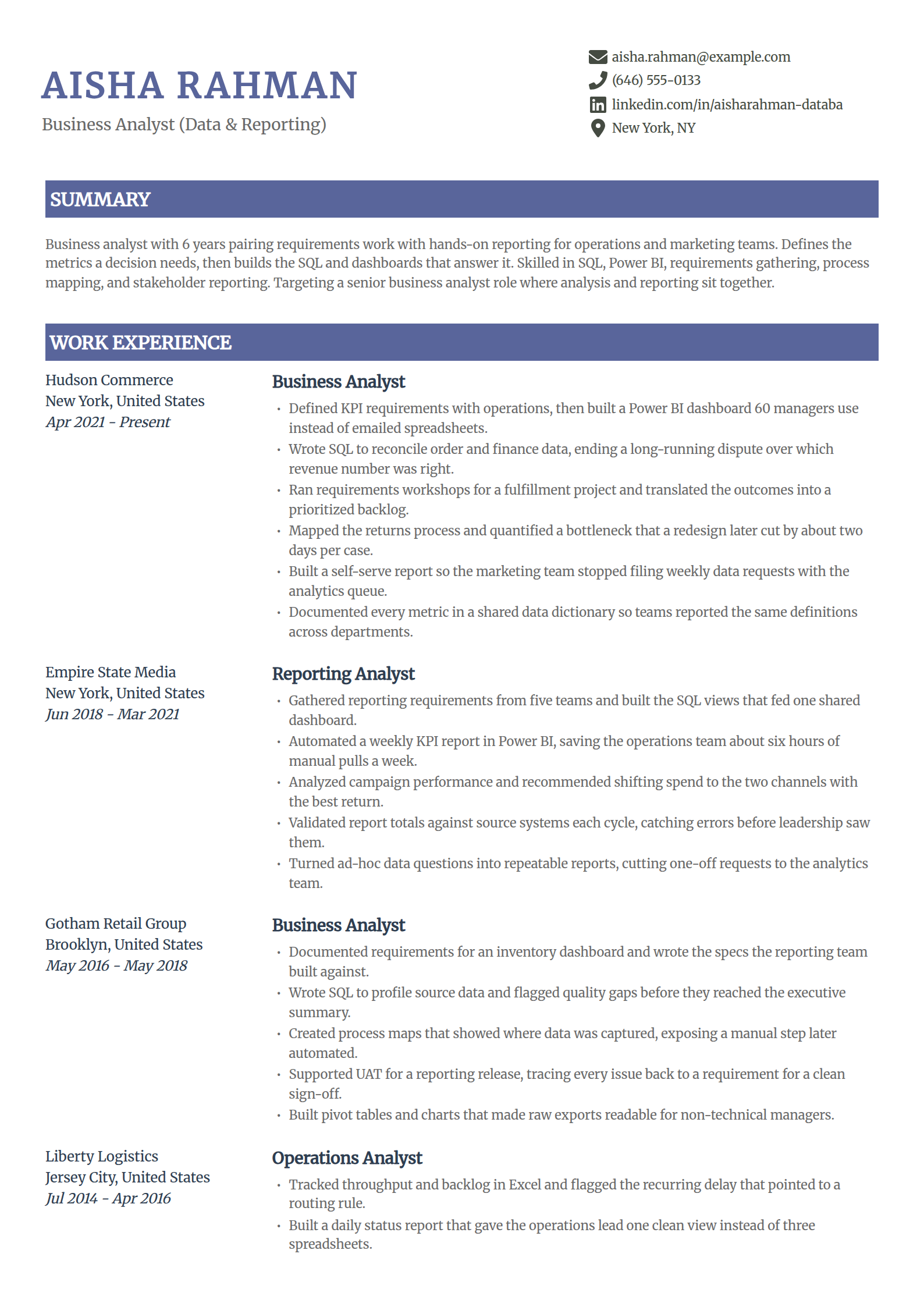 Data and reporting business analyst resume example in the Catalyst template
