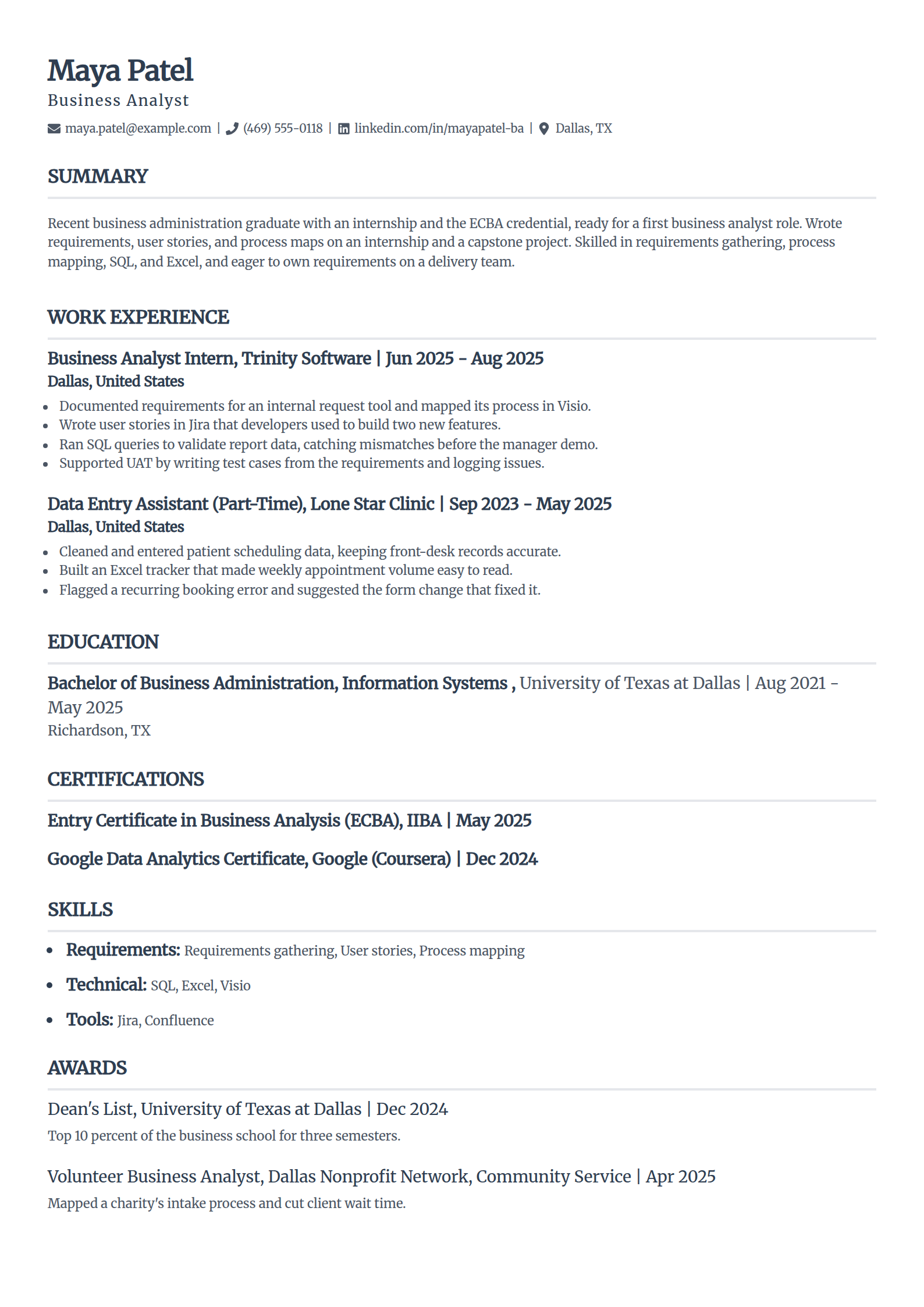 Entry-level business analyst resume example with no experience in the Classic template
