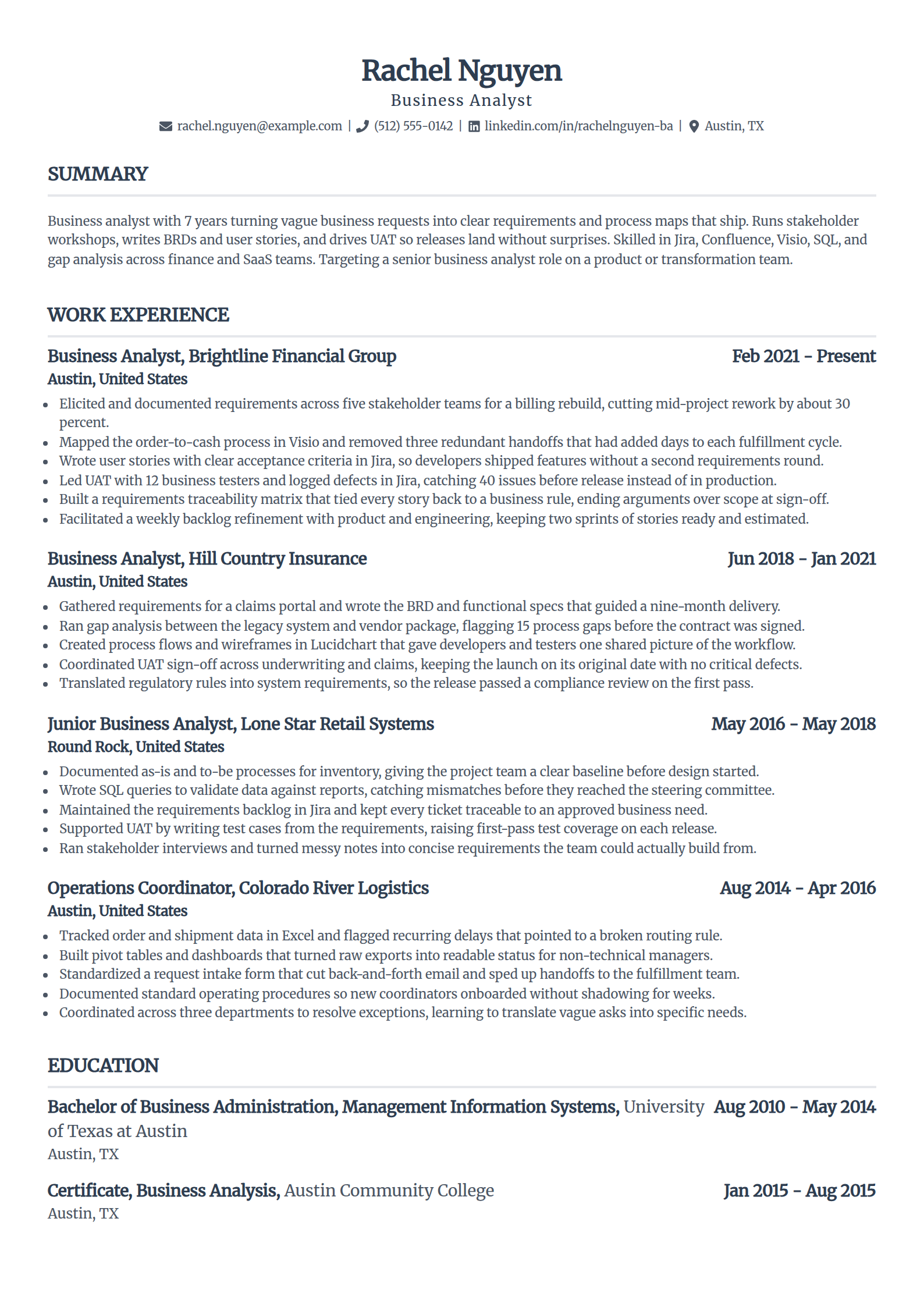 Experienced business analyst resume example in the Standard template