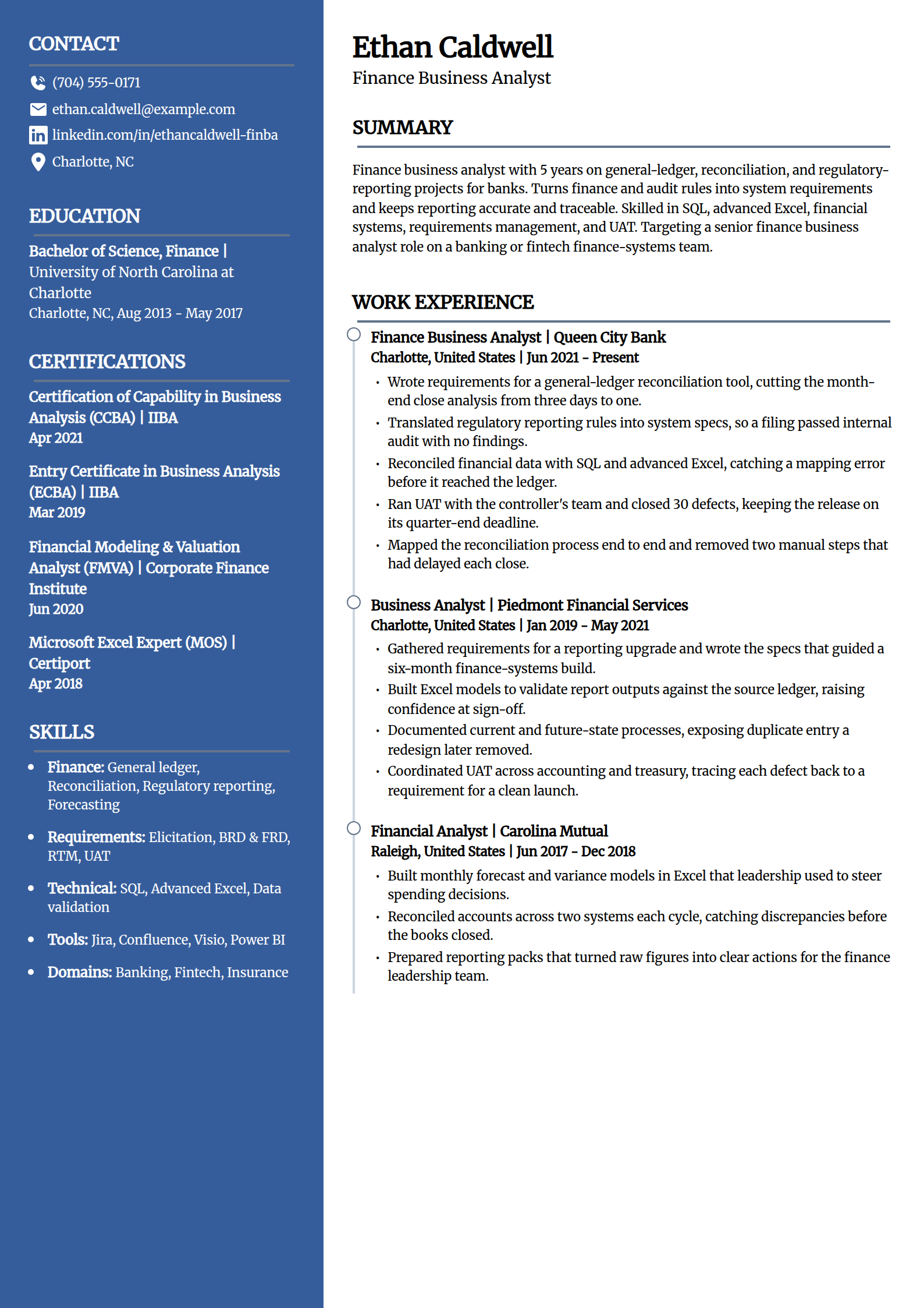Finance business analyst resume example in the Creative template