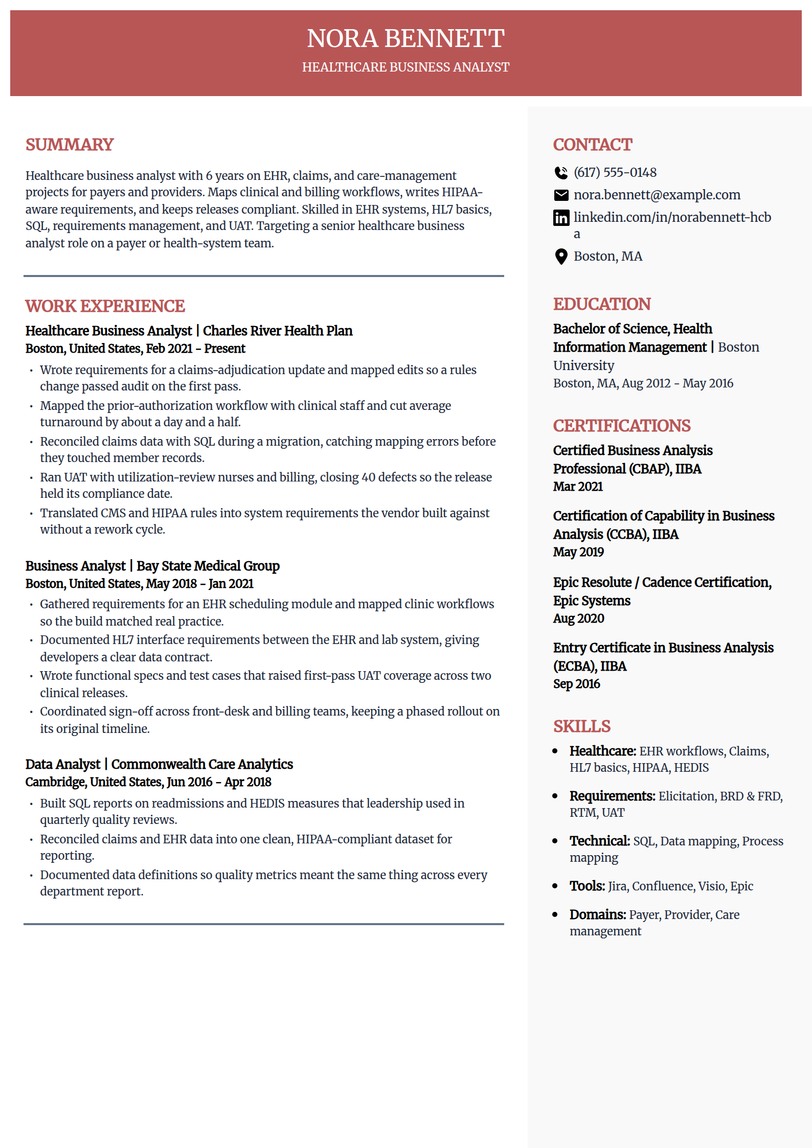 Healthcare business analyst resume example in the Executive template