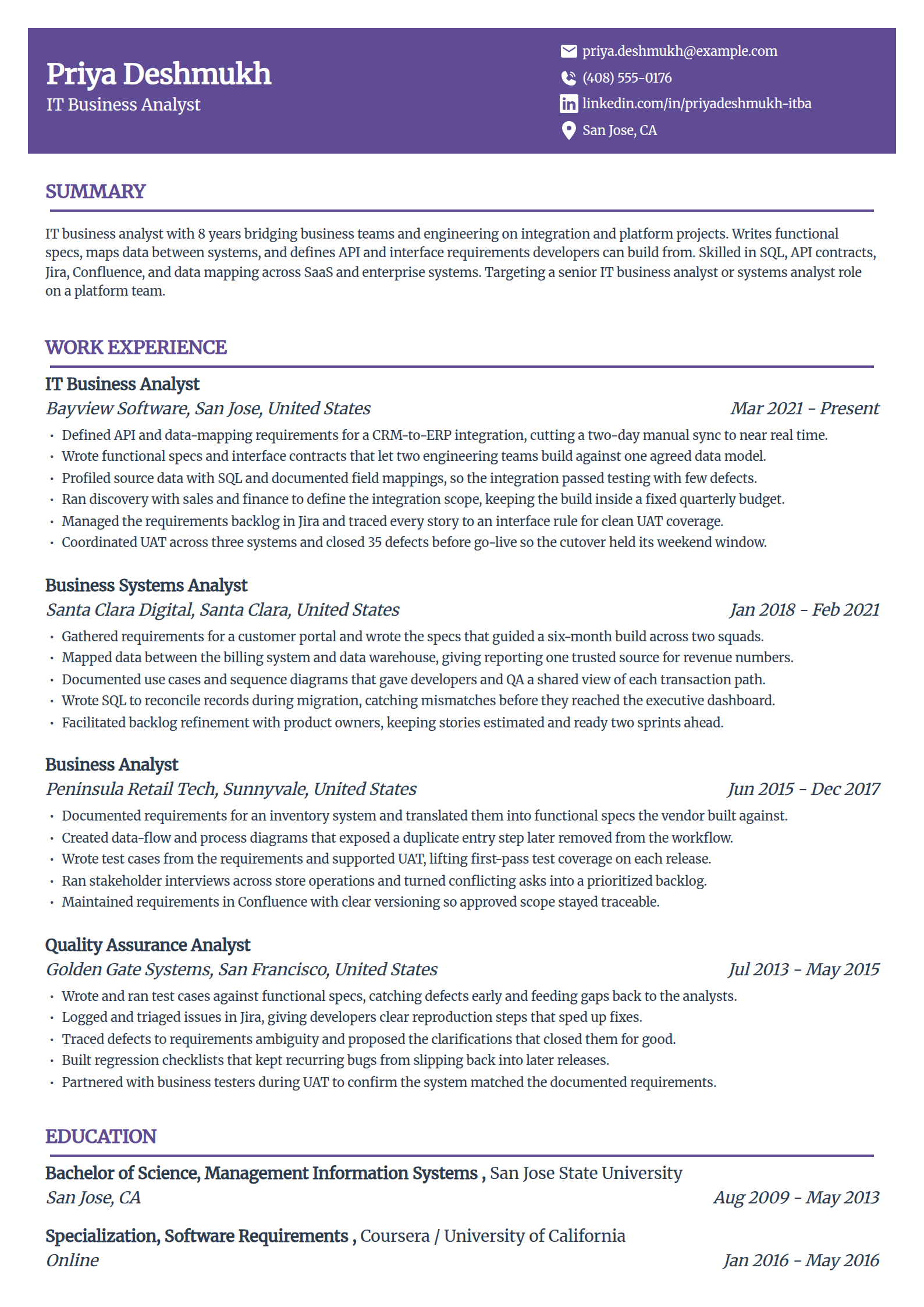 IT business analyst resume example in the Panorama template