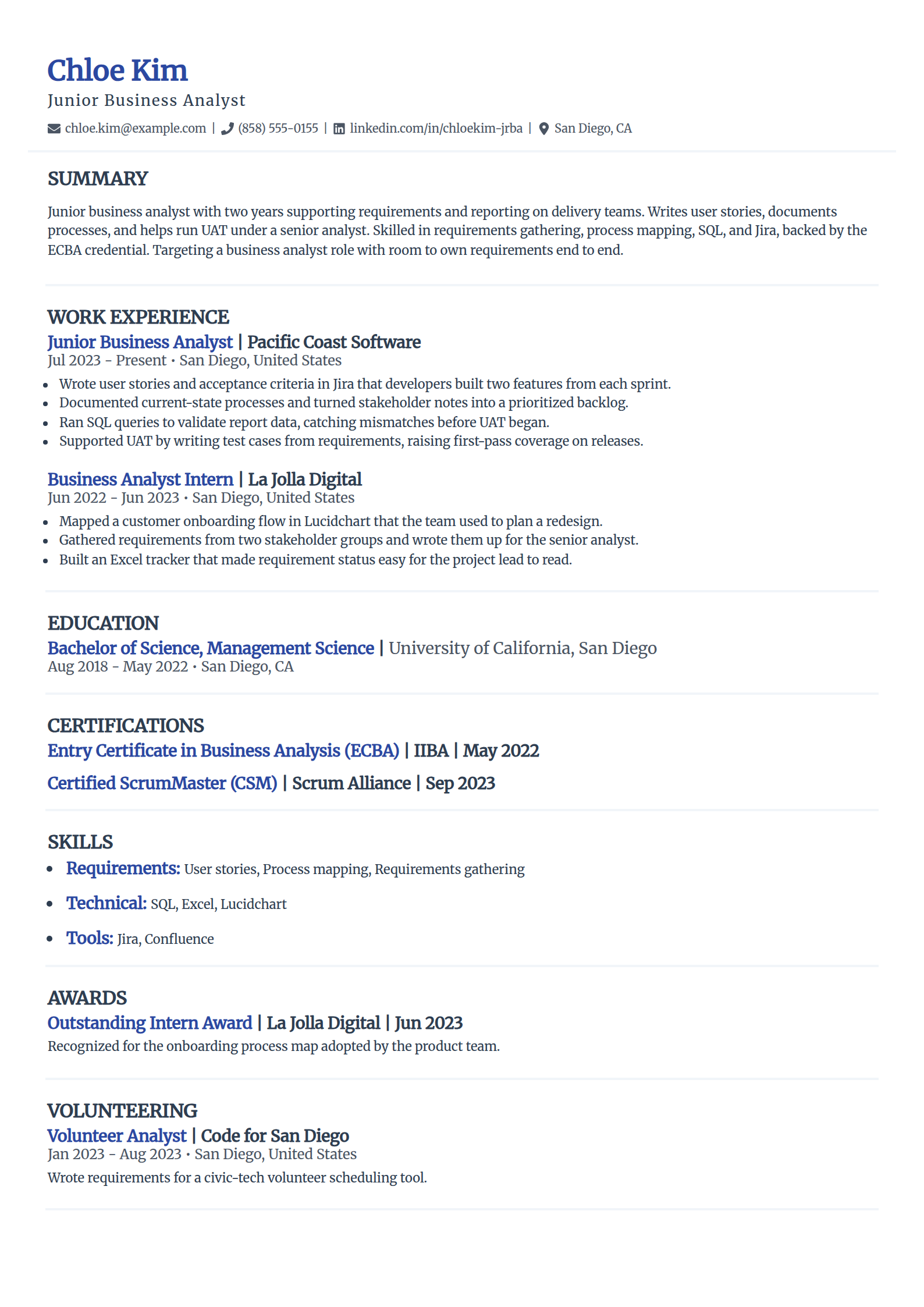 Junior business analyst resume example in the Elegant template
