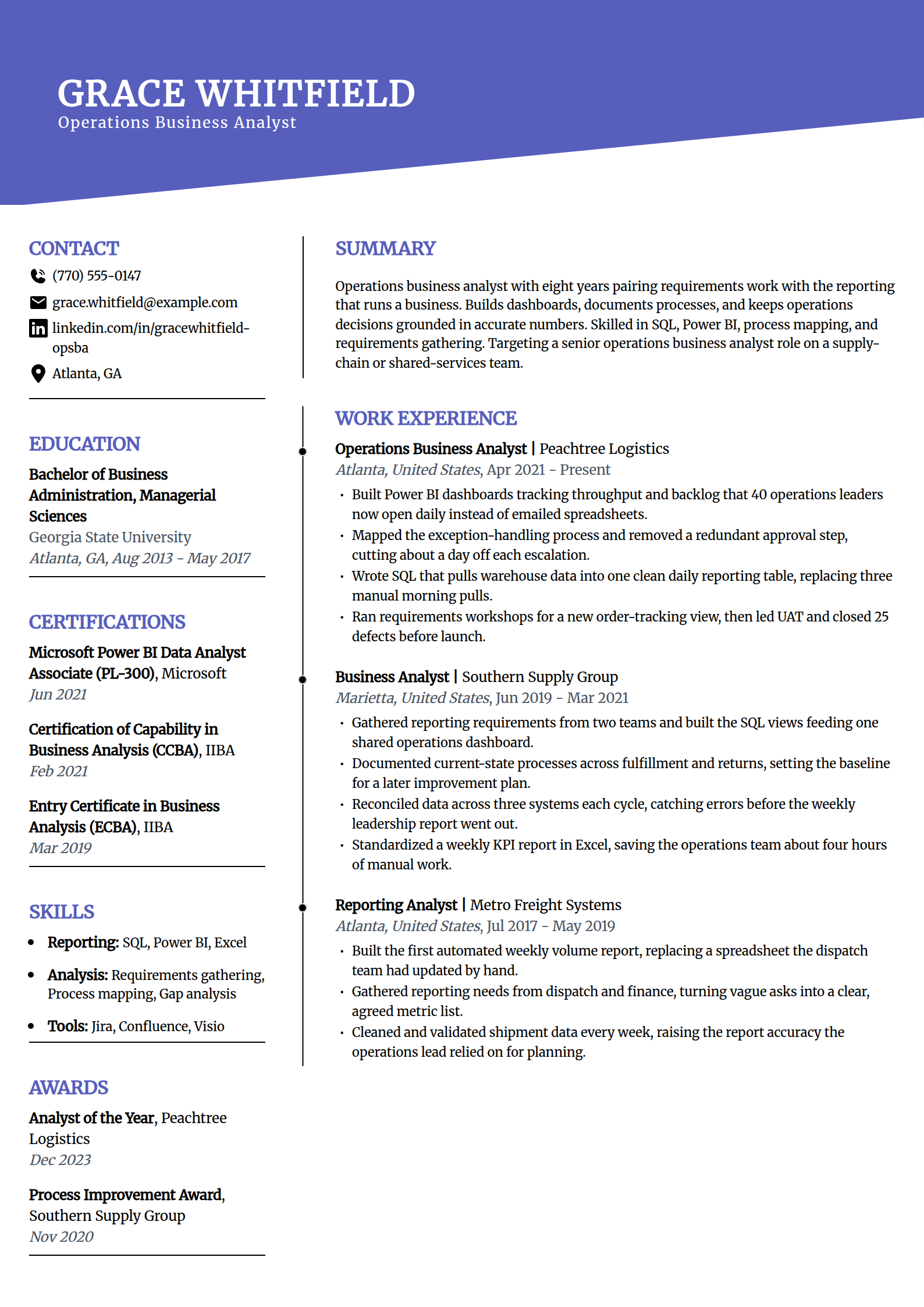 Operations and reporting business analyst resume example in the Orbit template